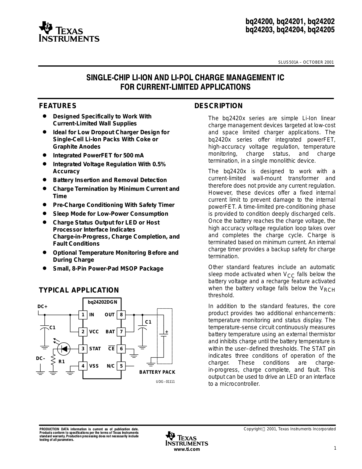 TEXAS INSTRUMENTS bq24200, bq24201, bq24202, bq24203, bq24204 Technical data