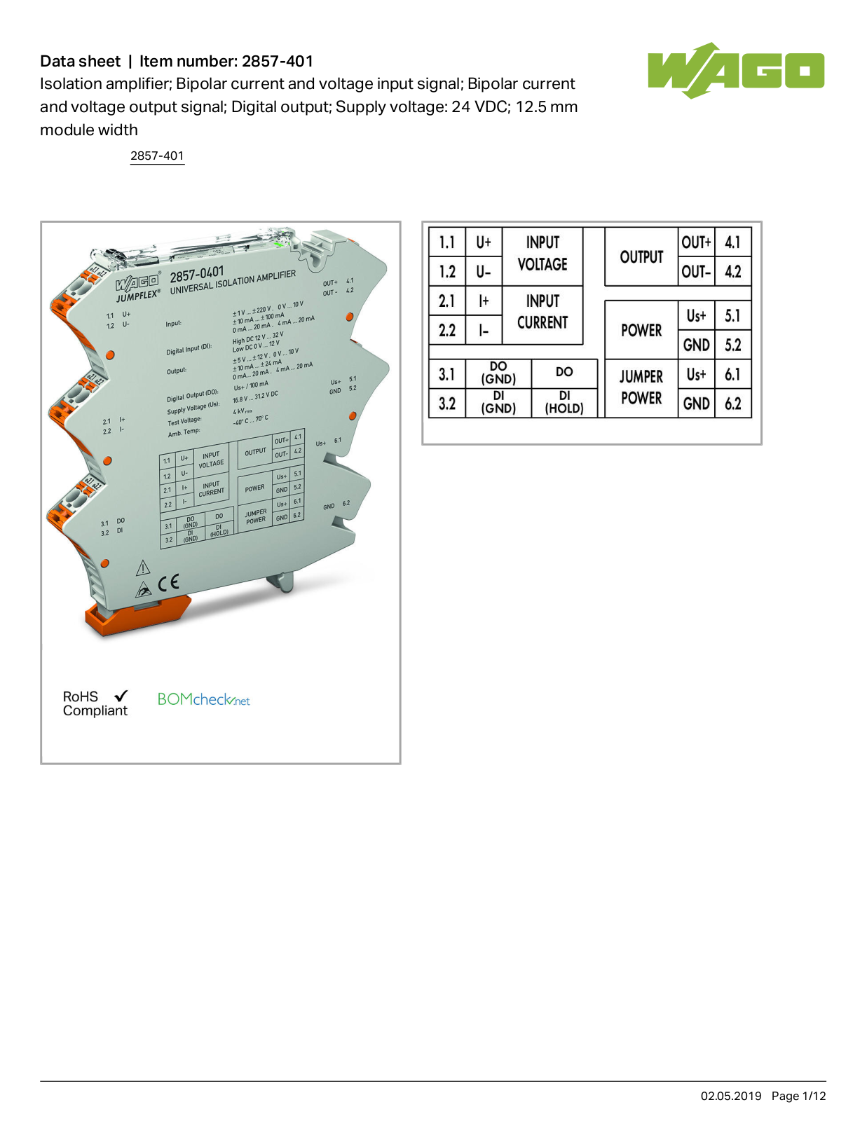 Wago 2857-401 Data Sheet