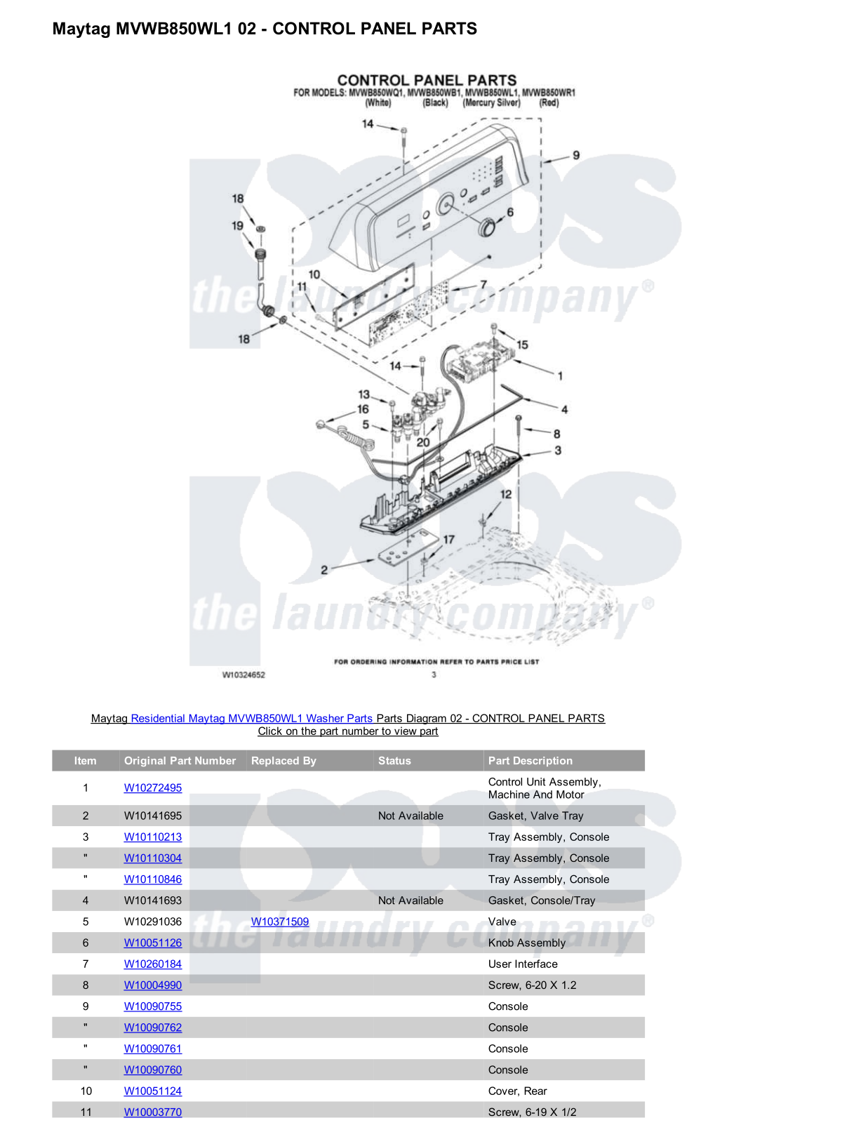 Maytag MVWB850WL1 Parts Diagram