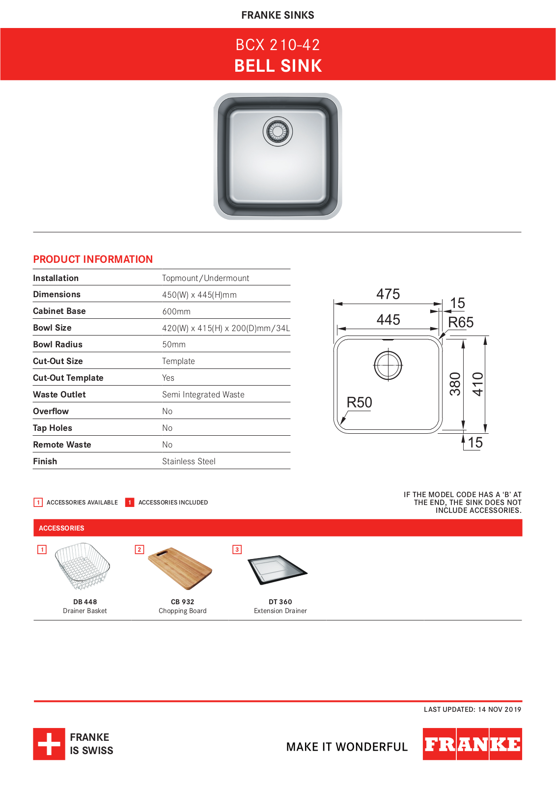 Franke BCX210-42 Specifications Sheet