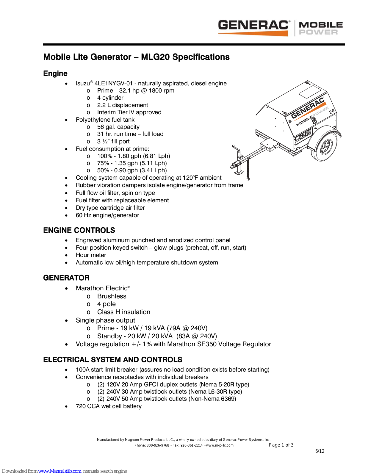 Generac Power Systems MLG20 Specifications