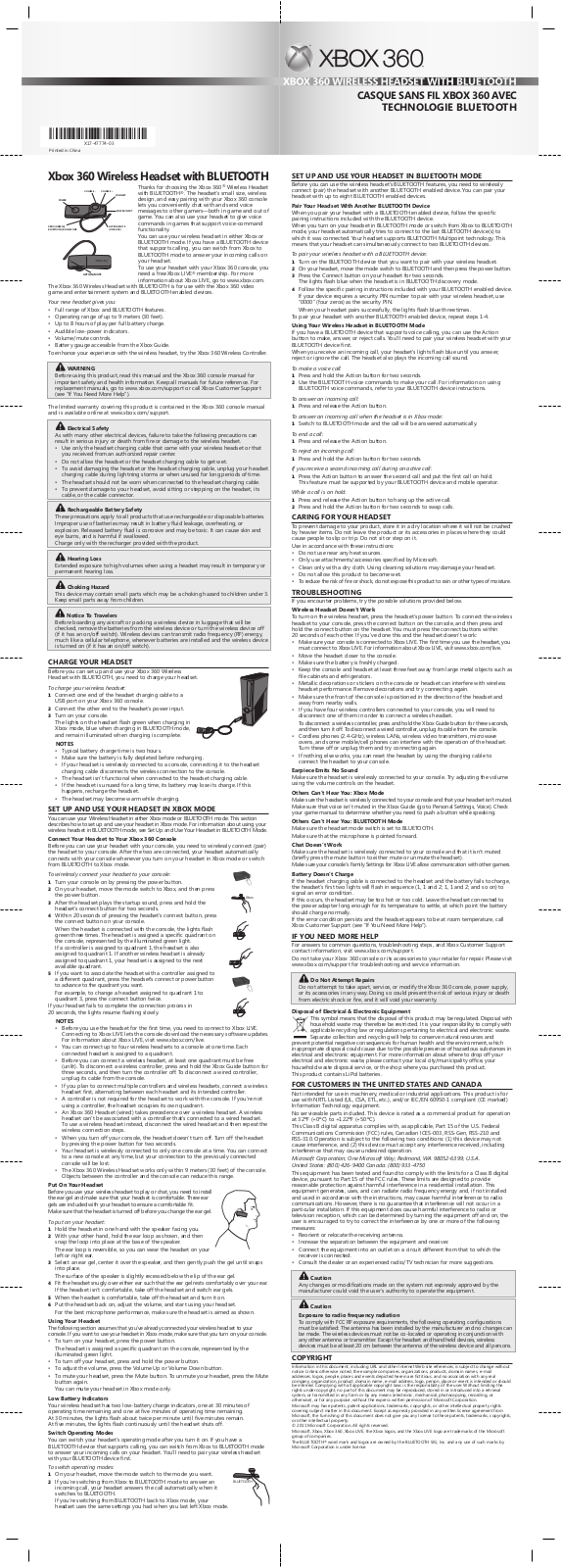 Microsoft Xbox 360 - Wireless Headset with Bluetooth Instruction Manual