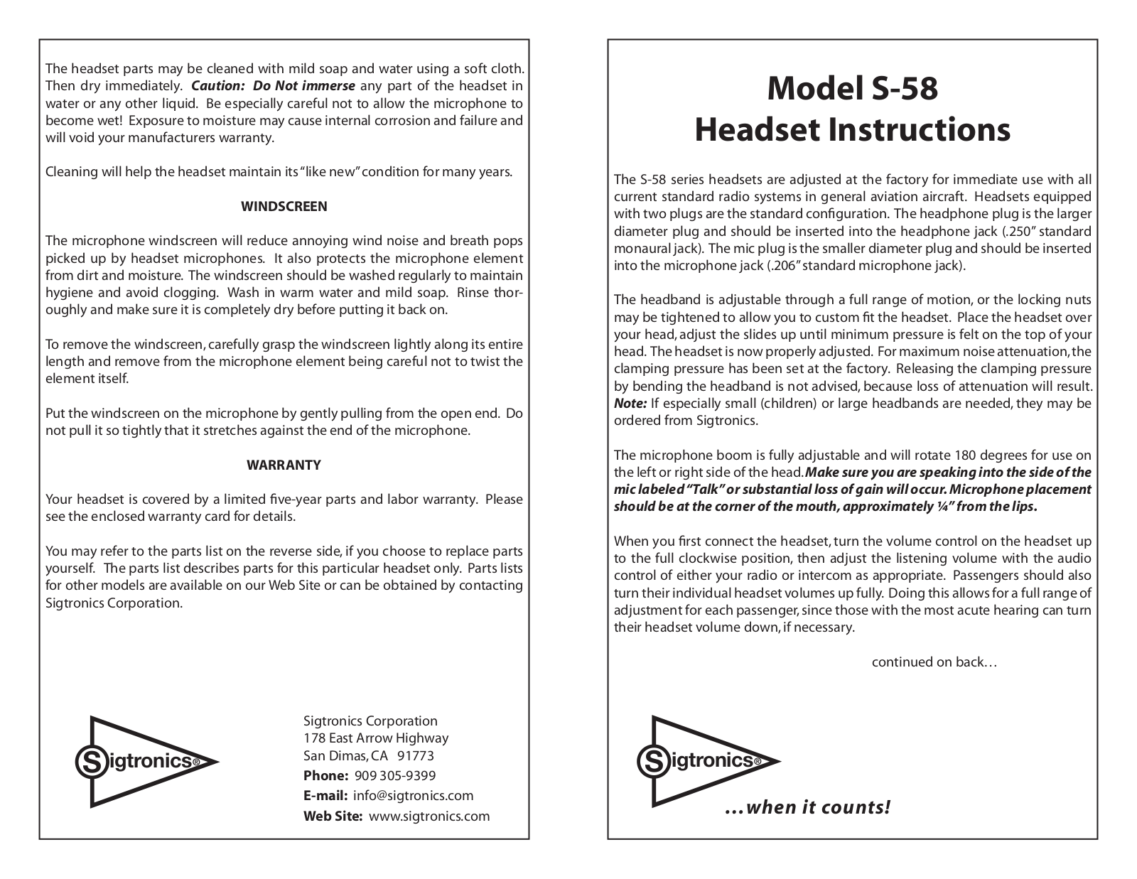 Sigtronics S-58 User Manual