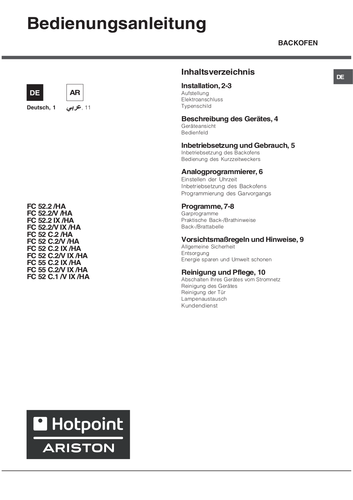 Hotpoint Ariston FC 52 C.1 /V IX/HA User Manual