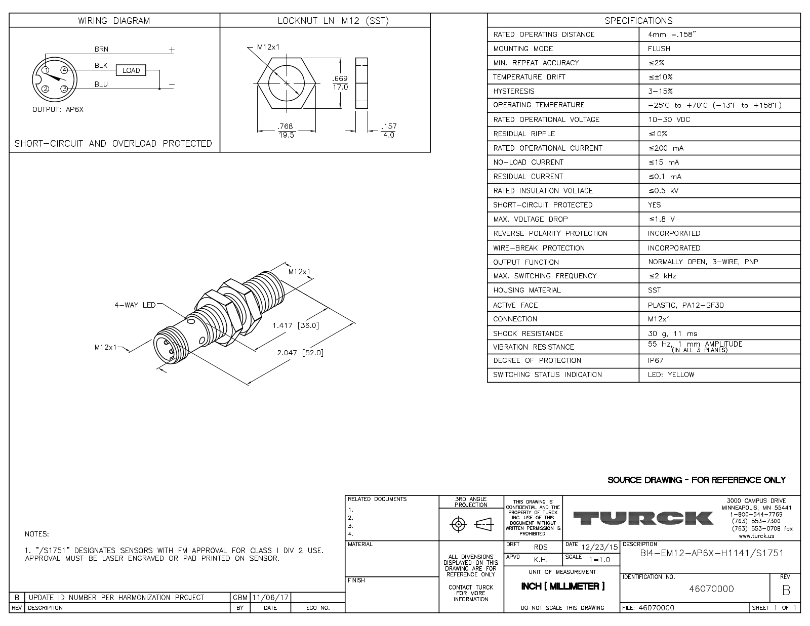 Turck BI4-EM12-AP6X-H1141/S1751 Data Sheet