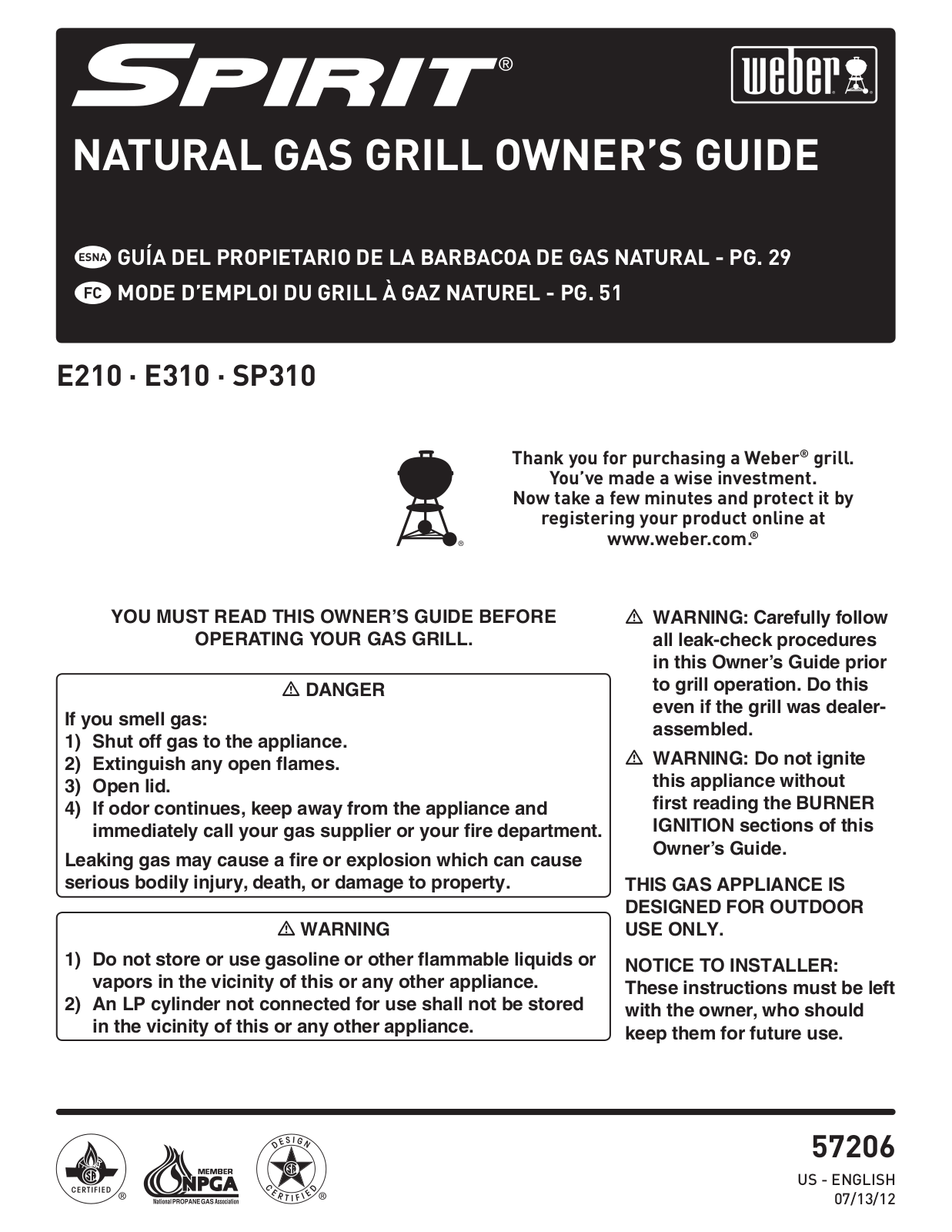 Weber E310, E210, SP310 User Manual