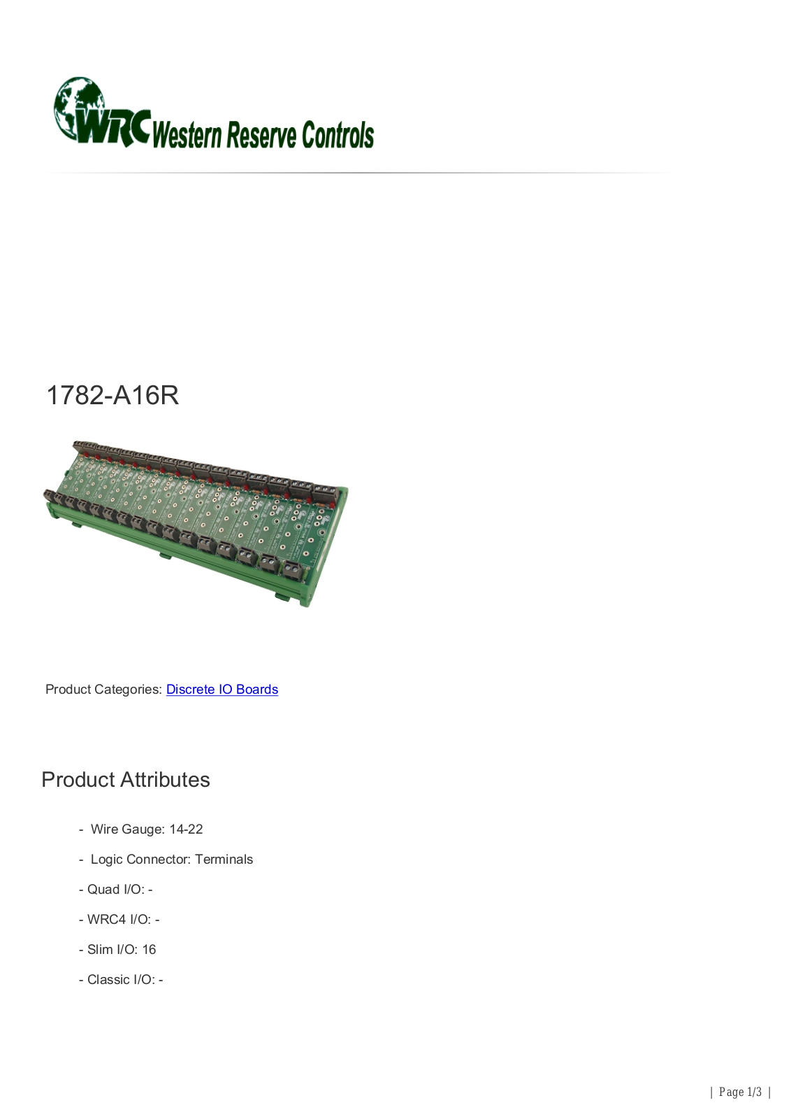 Western Reserve Controls 1782-A16R Data Sheet
