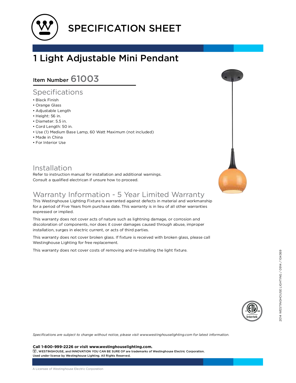 Westinghouse 6100300 Specification