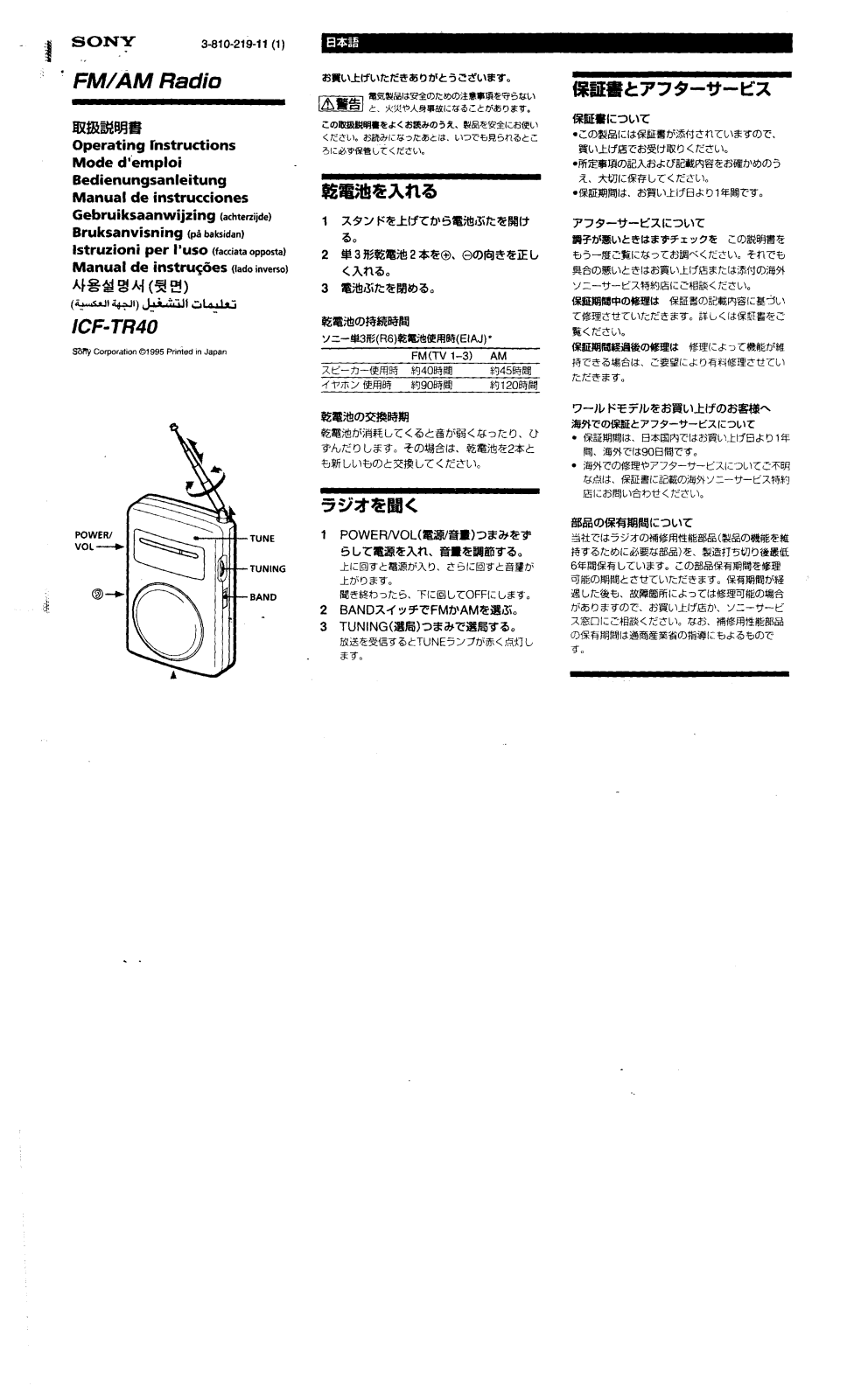 Sony ICF-TR40 Operating Instructions