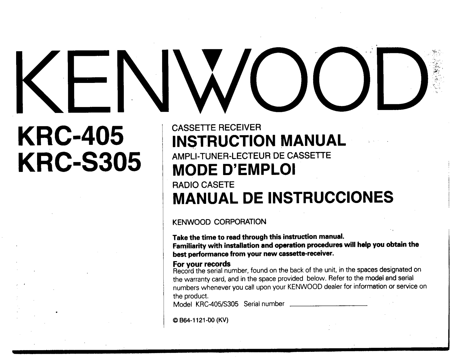 Kenwood KRC-S305, KRC-405 Owner's Manual