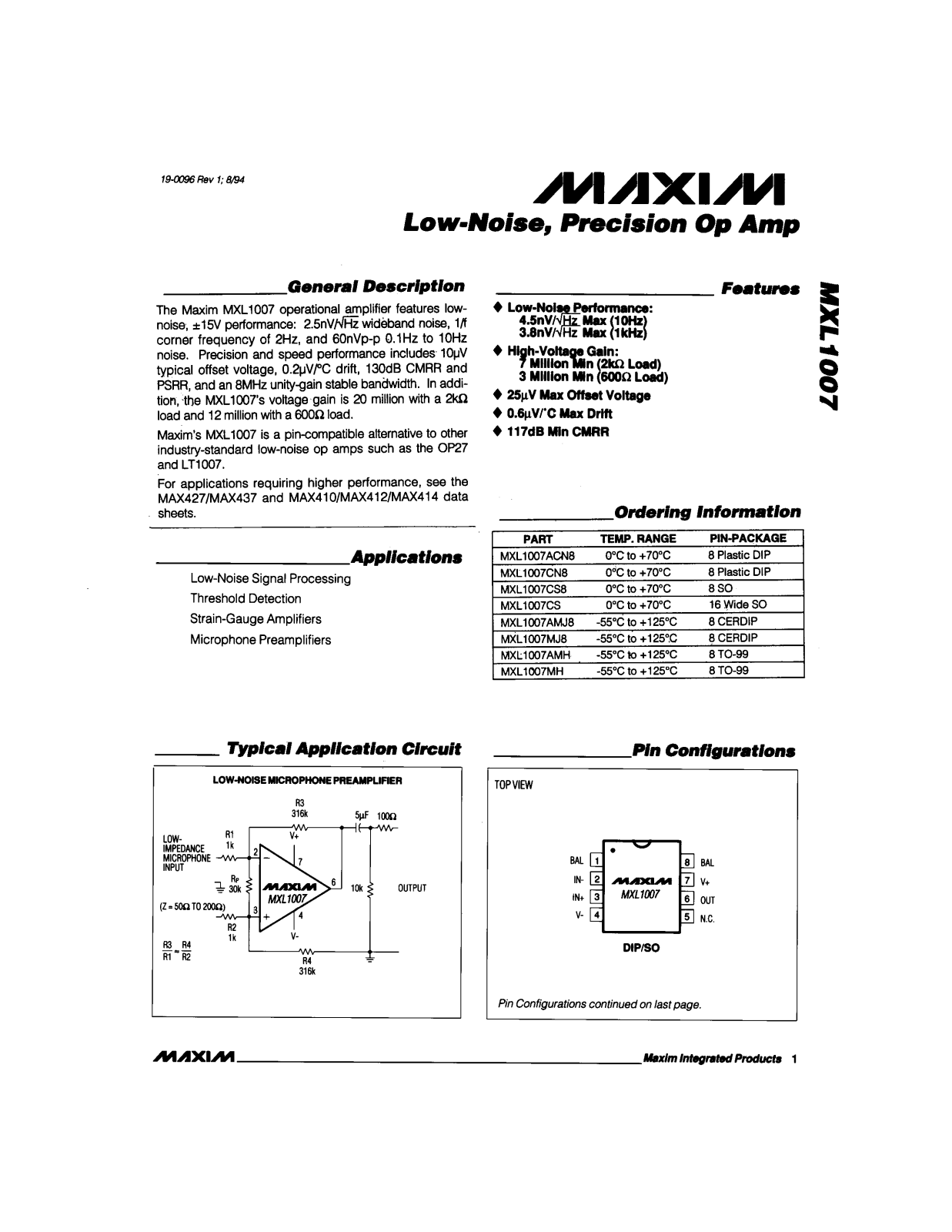 Maxim MXL1007ACN8, MXL1007AMH, MXL1007AMJ8, MXL1007CN8, MXL1007CS Datasheet