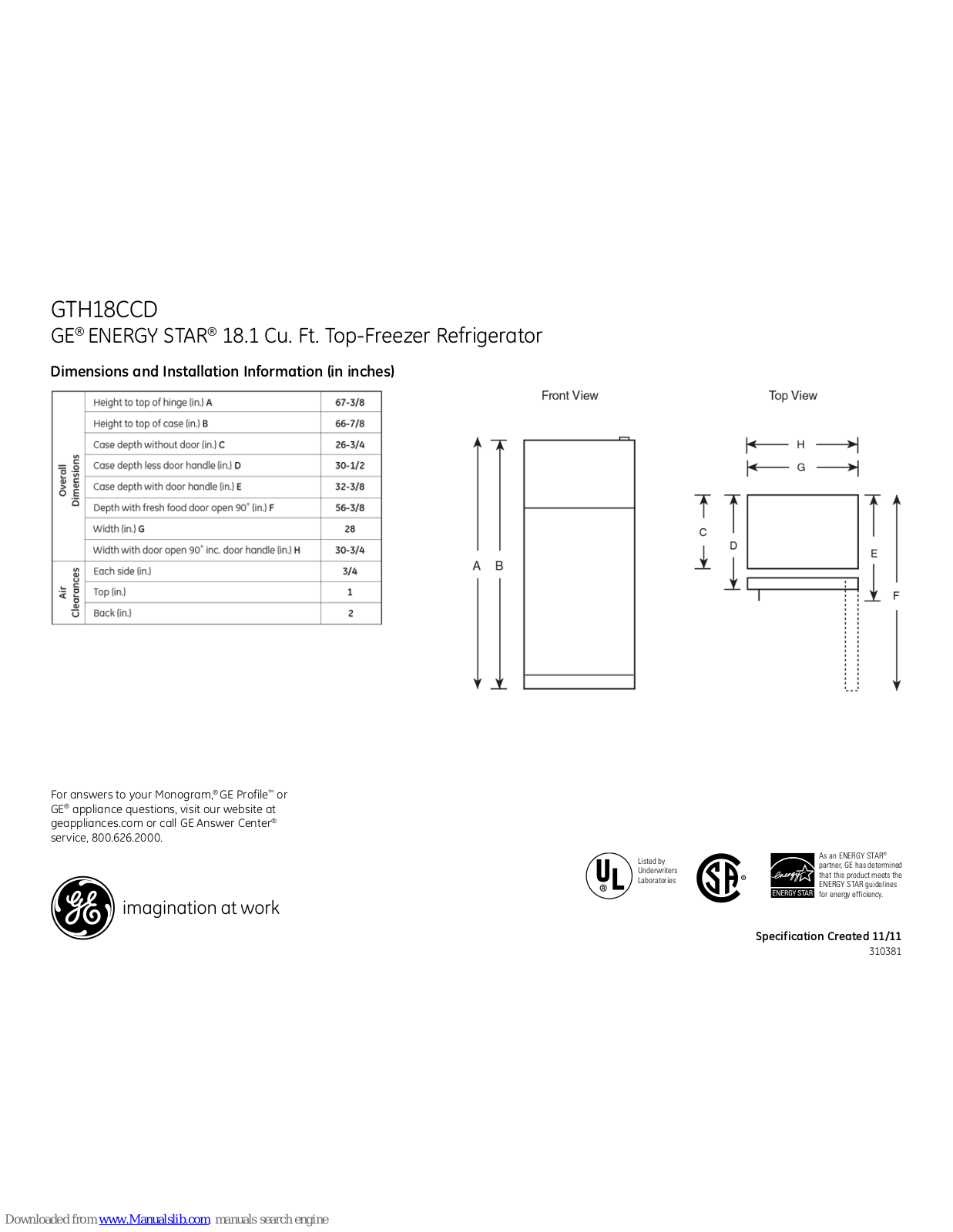 GE ENERGY STAR GTH18CCDBB, ENERGY STAR GTH18CCD, ENERGY STAR GTH18CCDWW Dimensions And Installation Information
