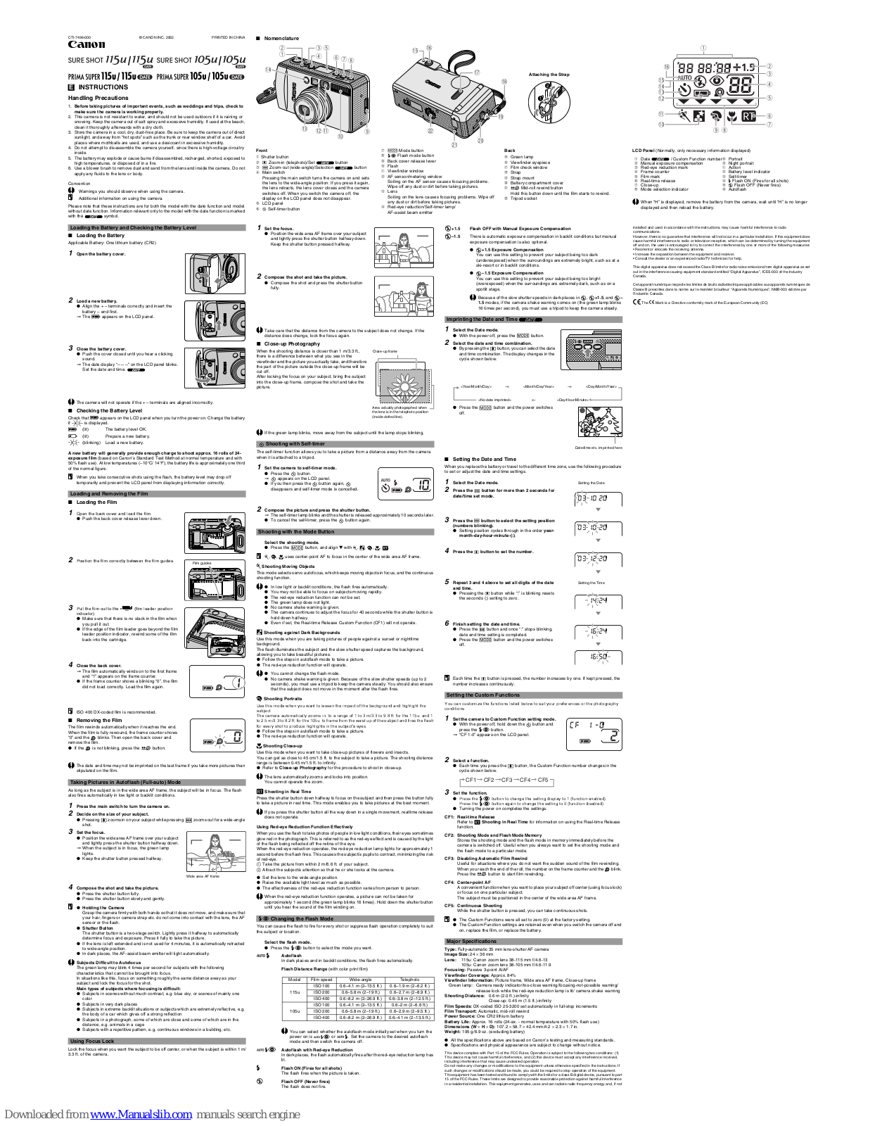 Canon Sure Shot 115u Date, Sure Shot 105u Date, Prima Super 115u, Prima Super 115u Date, Prima Super 105u Instructions Manual