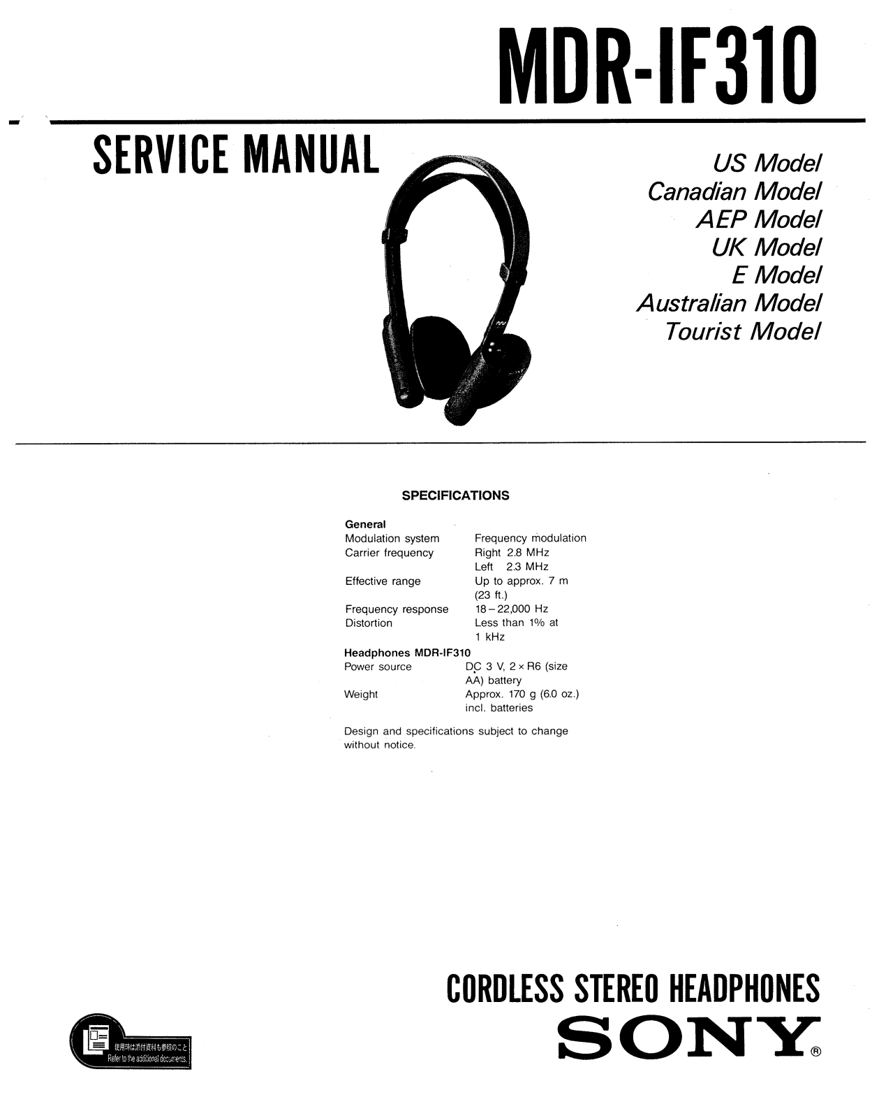 Sony MDRIF-310 Service manual