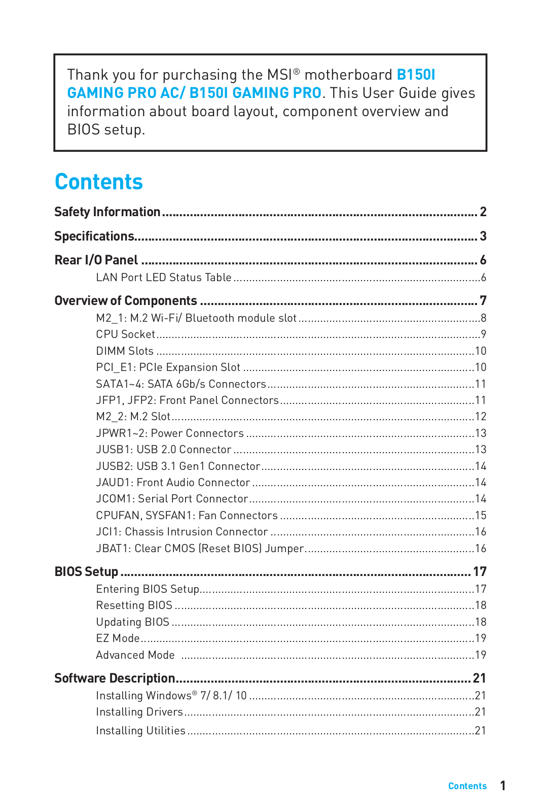 MSI B150I Gaming Pro AC User Manual