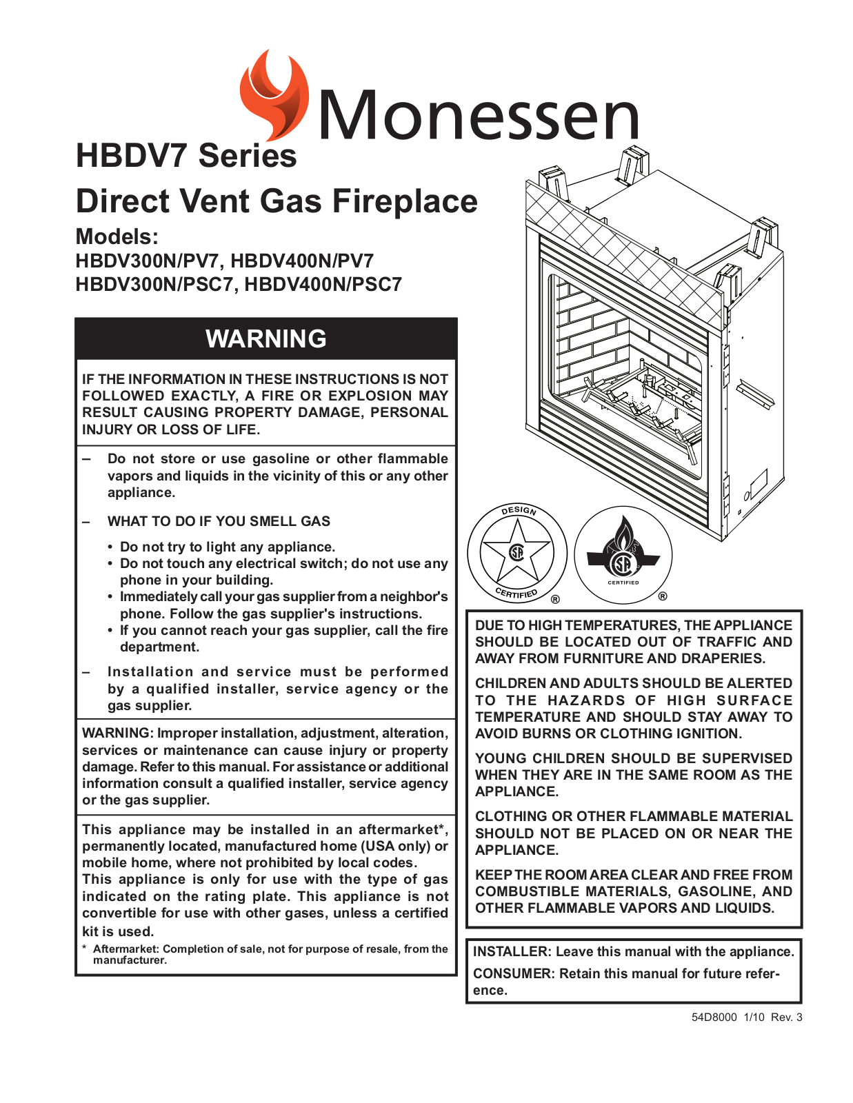 Monessen Hearth HBDV300N-PSC7, HBDV300N-PV7, HBDV400N-PSC7, HBDV400N-PV7 User Manual