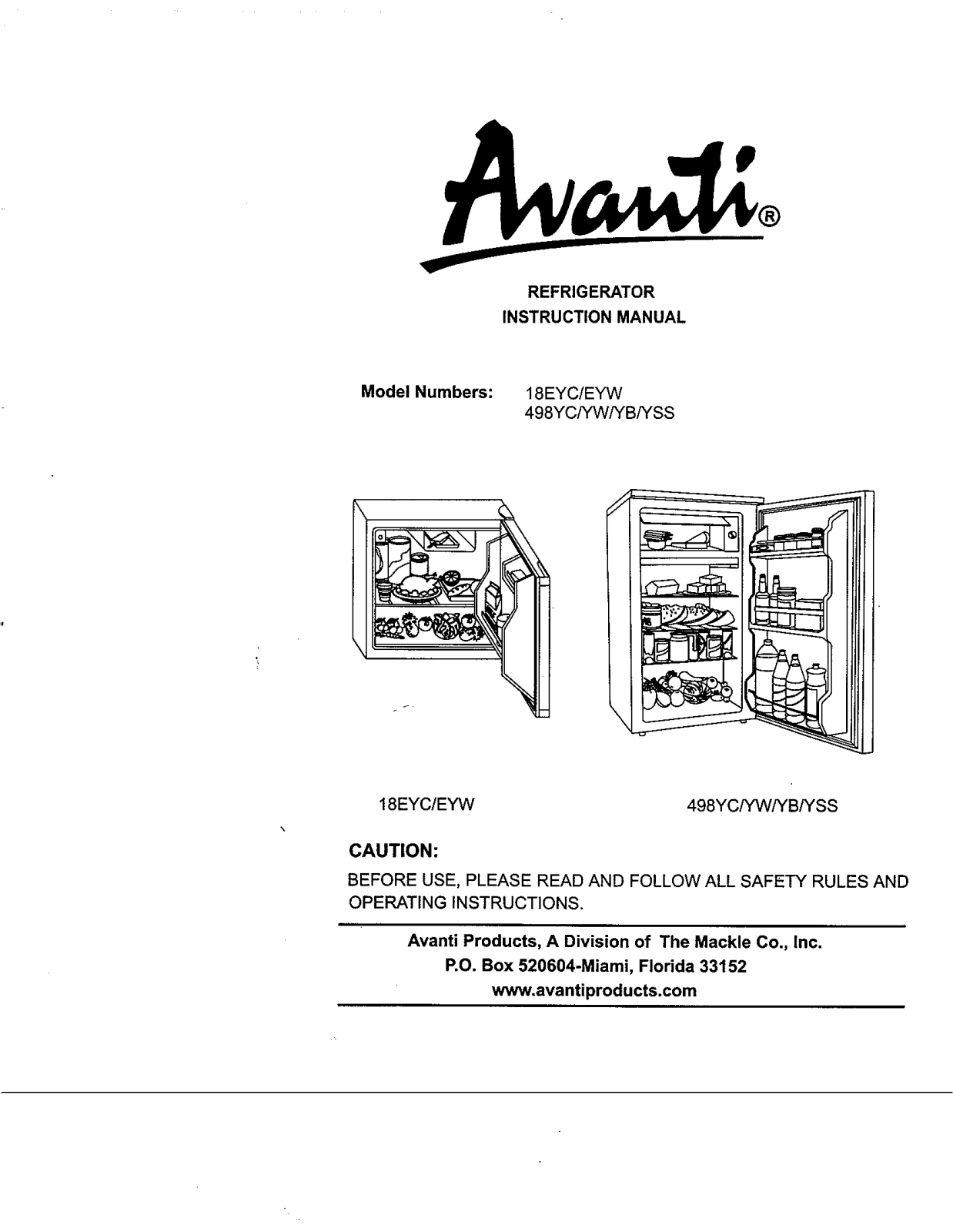 Avanti 18EYW, 18CYB User Manual