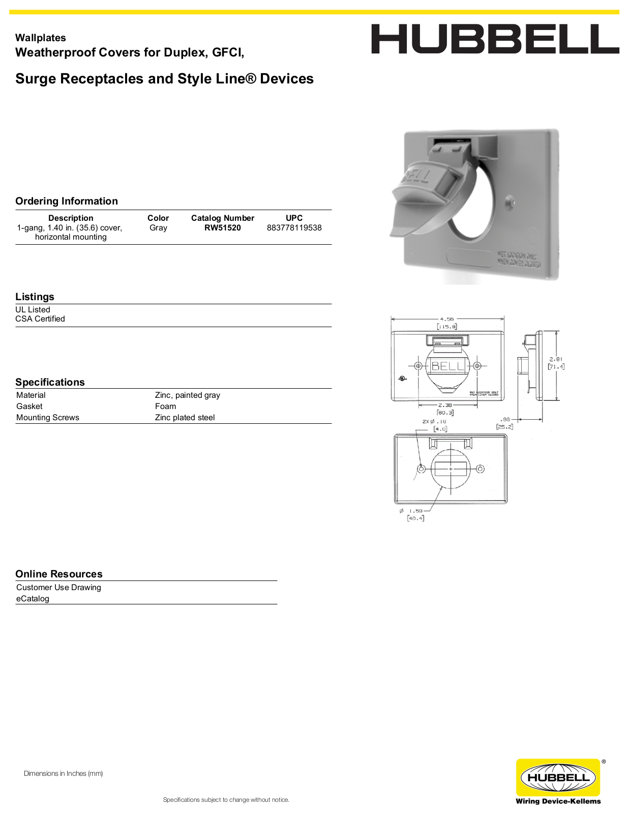 Hubbell RW51520 Specifications