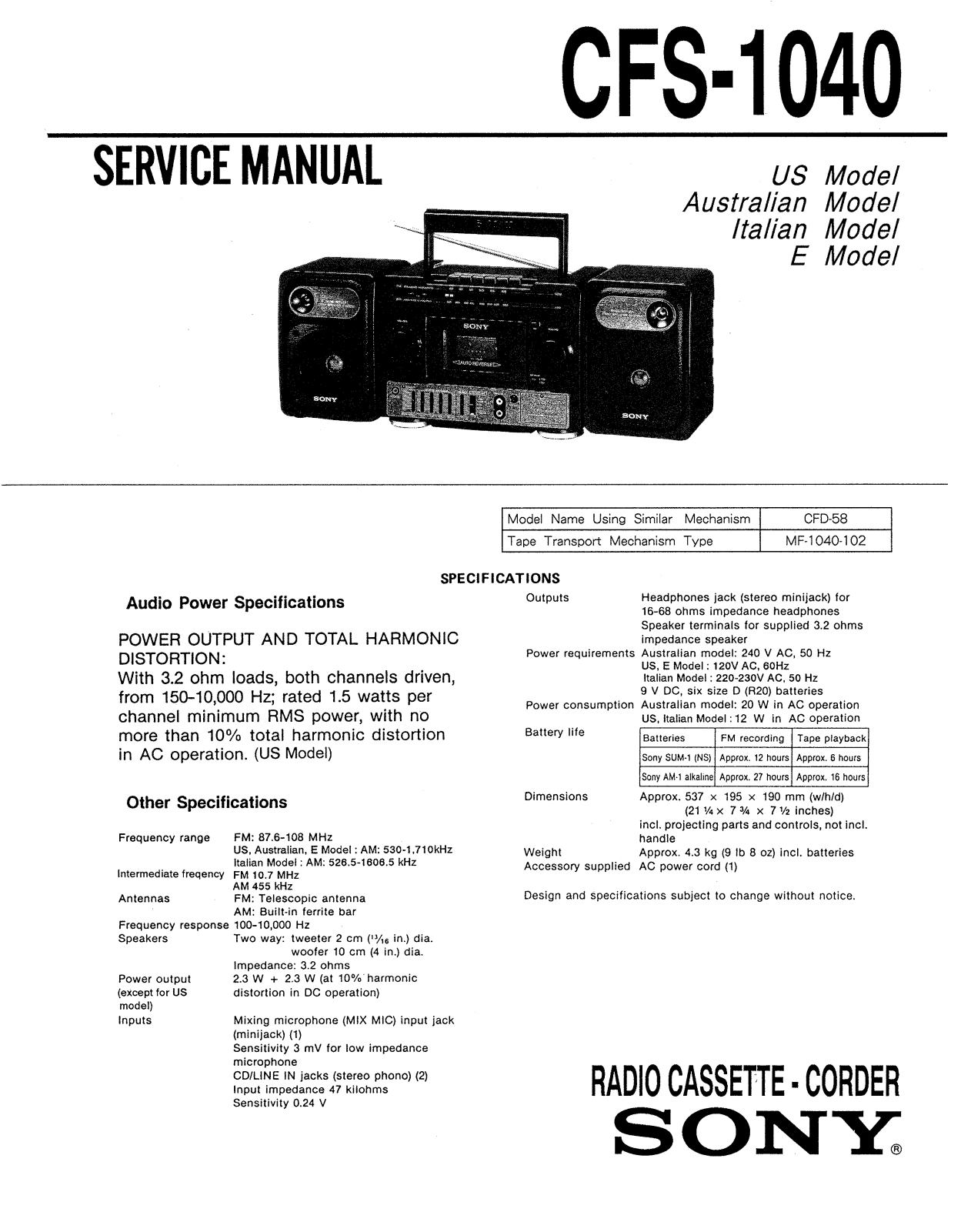 Sony CFS-1040 Service manual