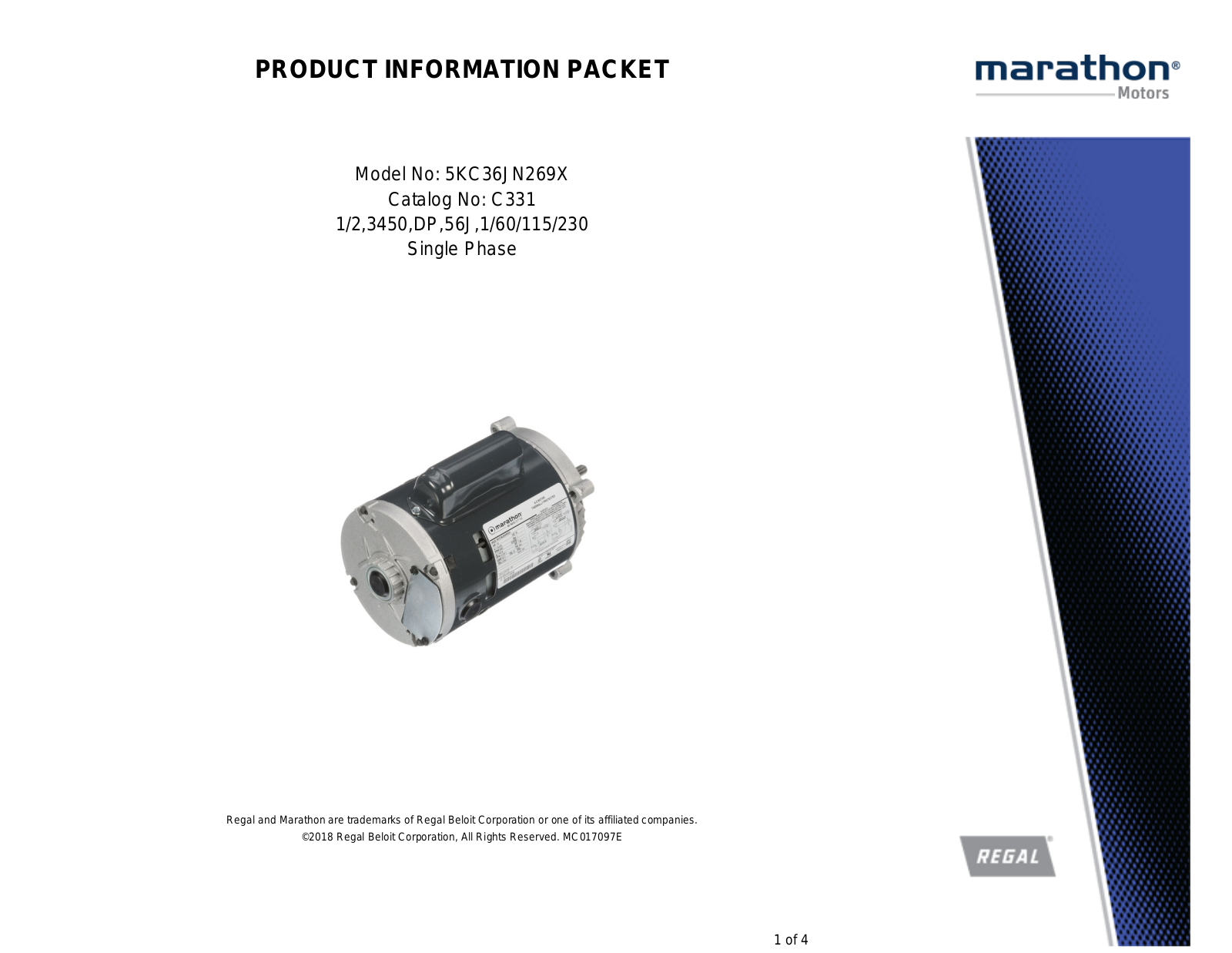 Marathon Electric 5KC36JN269X Product Information Packet