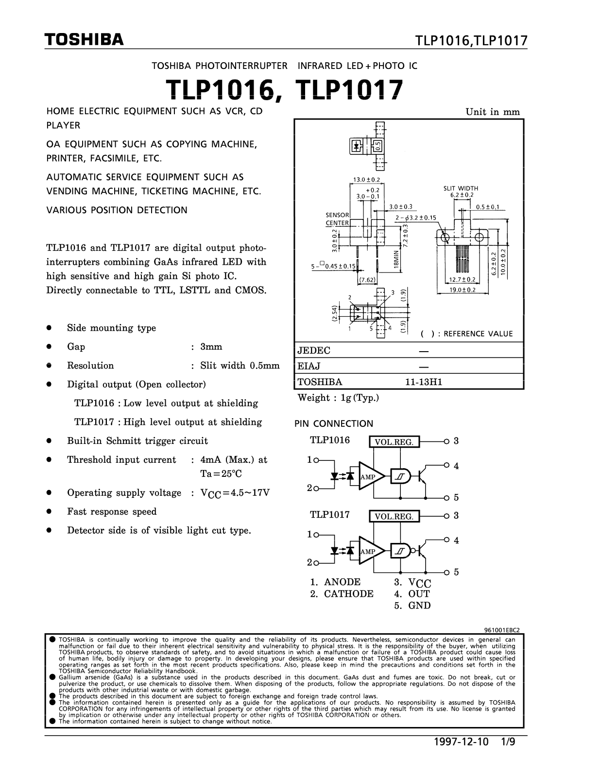 Toshiba TLP1016, TLP1017 Diagram