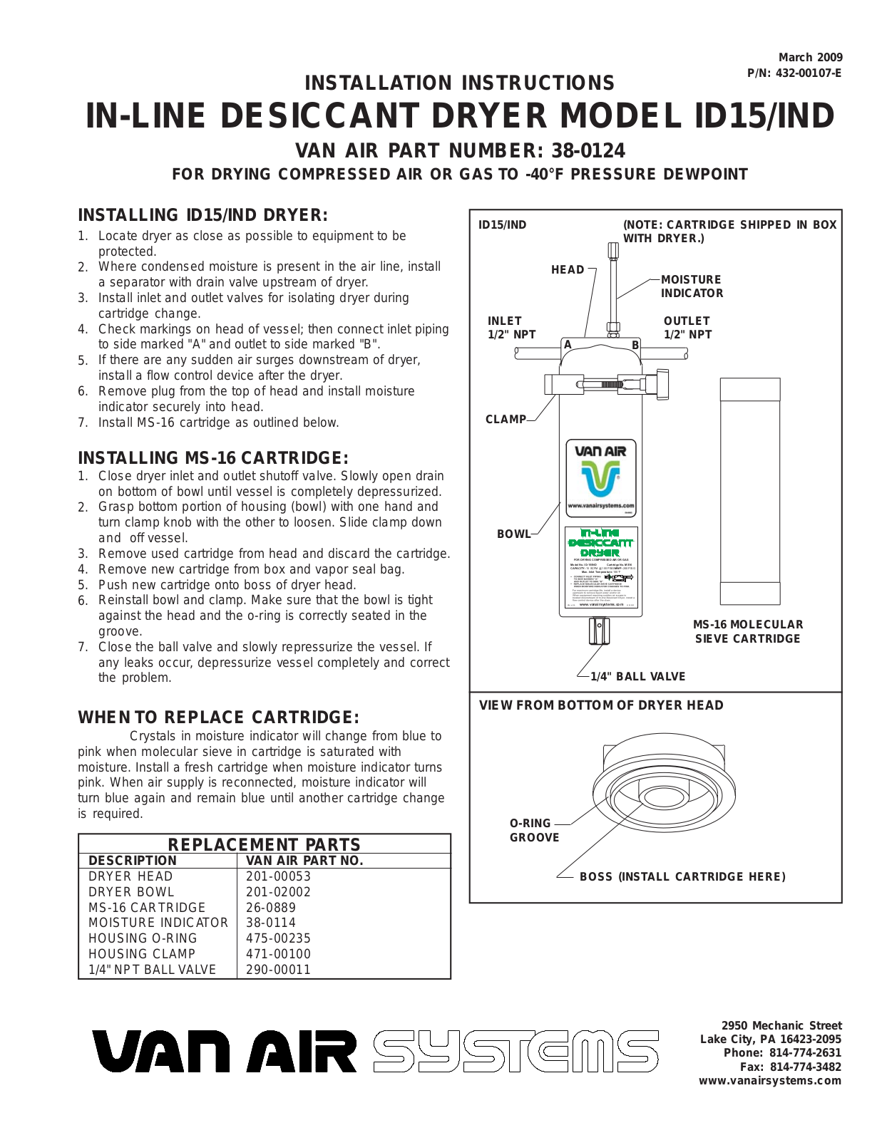 Van Air Systems ID15-IND User Manual