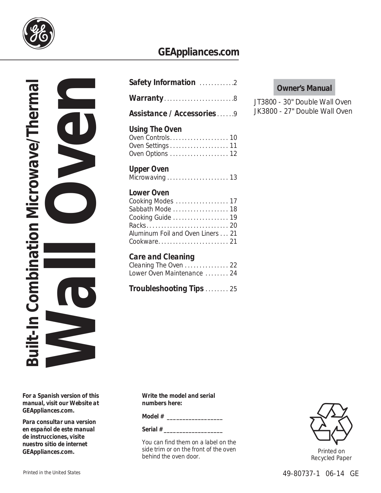 GE JT3800SHSS, JT3800DHBB, JK3800DHBB, JK3800SHSS, JK3800DHWW User Manual