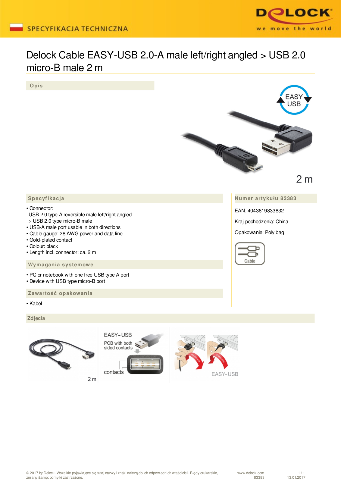 DeLOCK EASY-USB 2.0 cable, USB-A 90° horizontal angled  plug  on micro-B  plug , 2m User Manual - ManualMachine.com