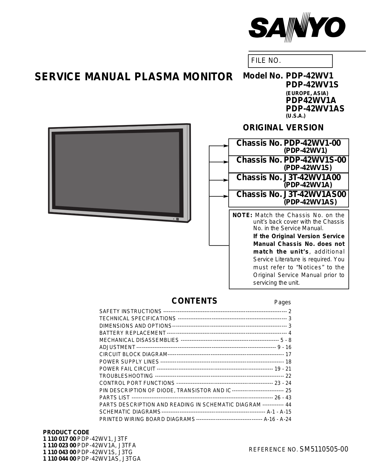 Sanyo J3T-42WV1AS00, J3T-42WV1A00, PDP-42WV1S-00, PDP-42WV1-00, PDP-42WV1AS Service Manual