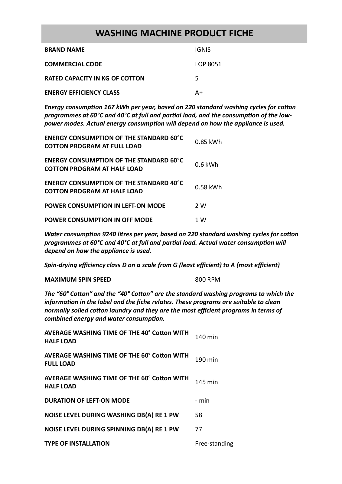 Whirlpool LOP 8051 Product Sheet