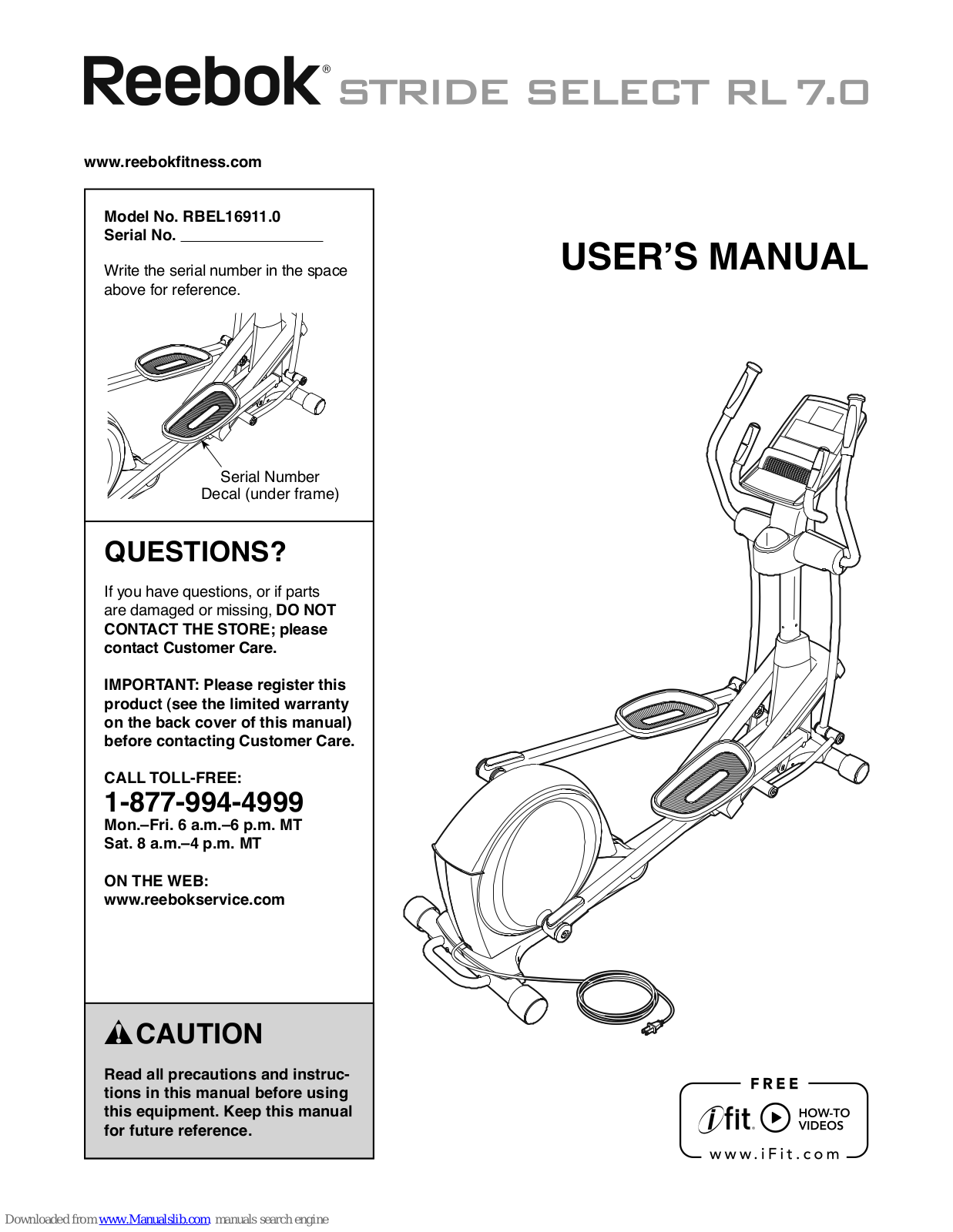 Reebok Stride Select Rl 7.0 Elliptical, Stride Select Rl 7.0, RBEL16911.0 User Manual