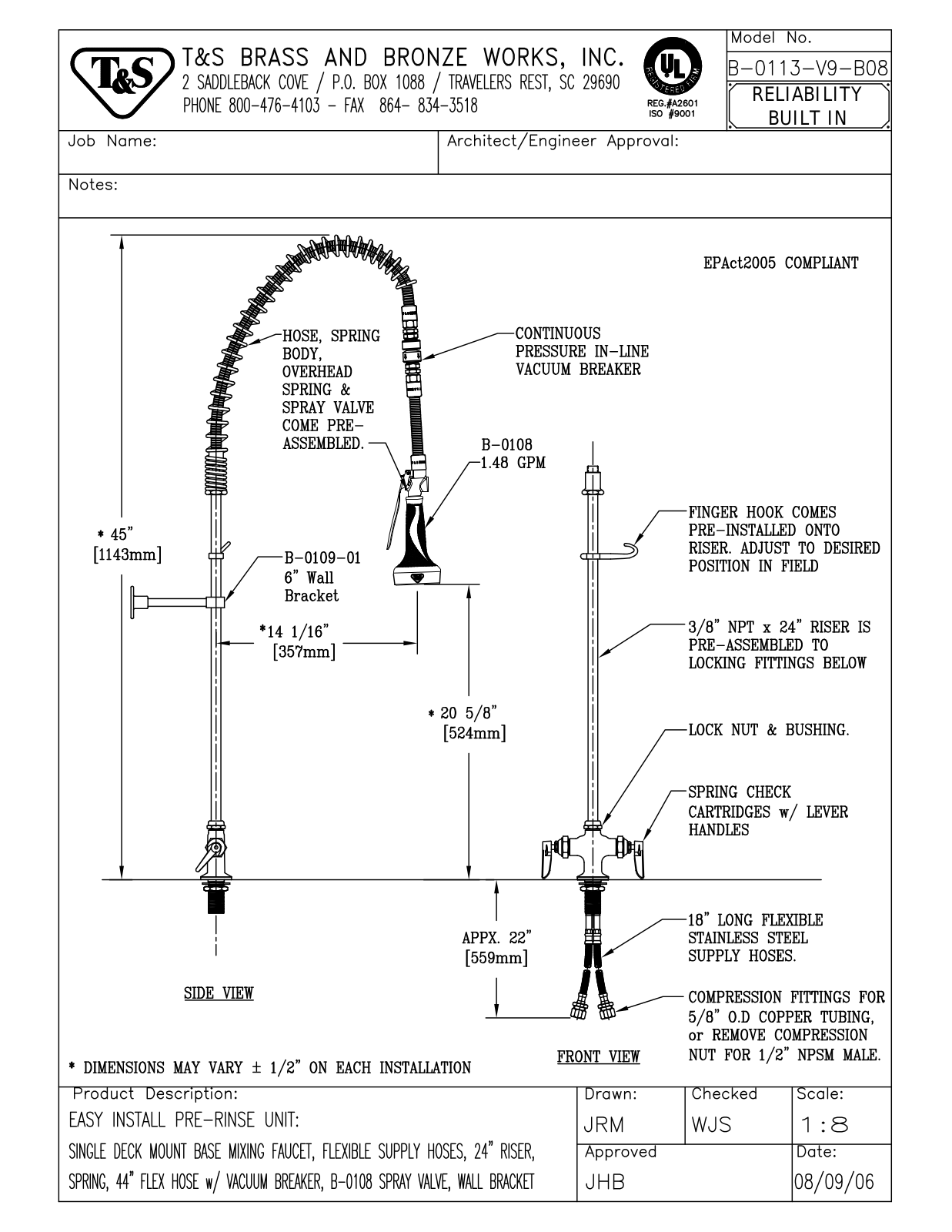 T&S Brass B-0113-V9-B08 User Manual