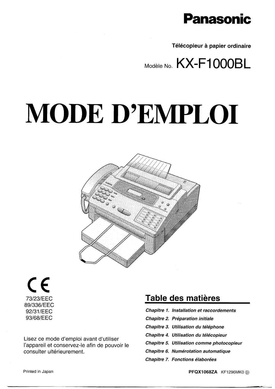 PANASONIC KX-F1000BL User Manual