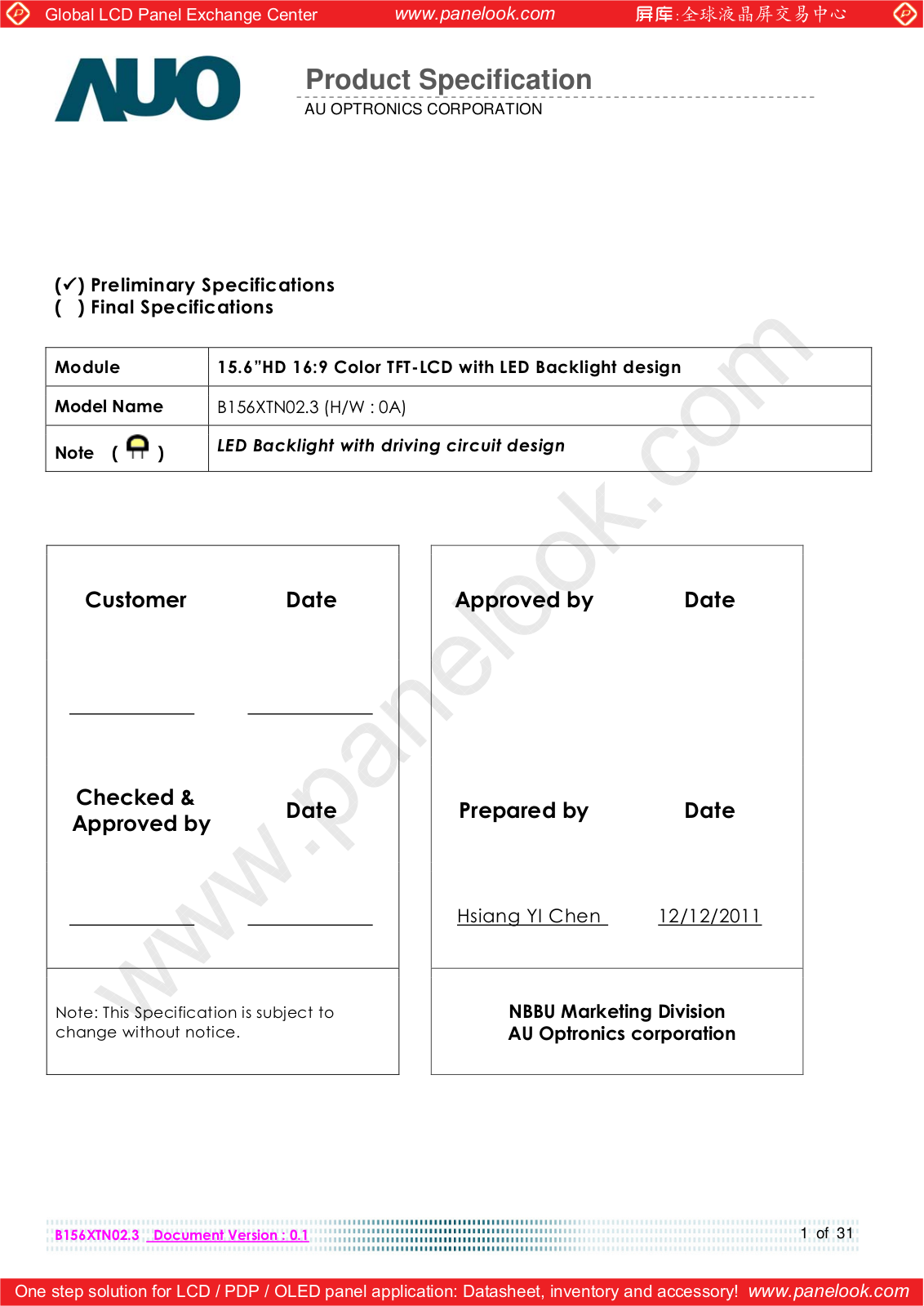 AUO B156XTN02.3 Specification