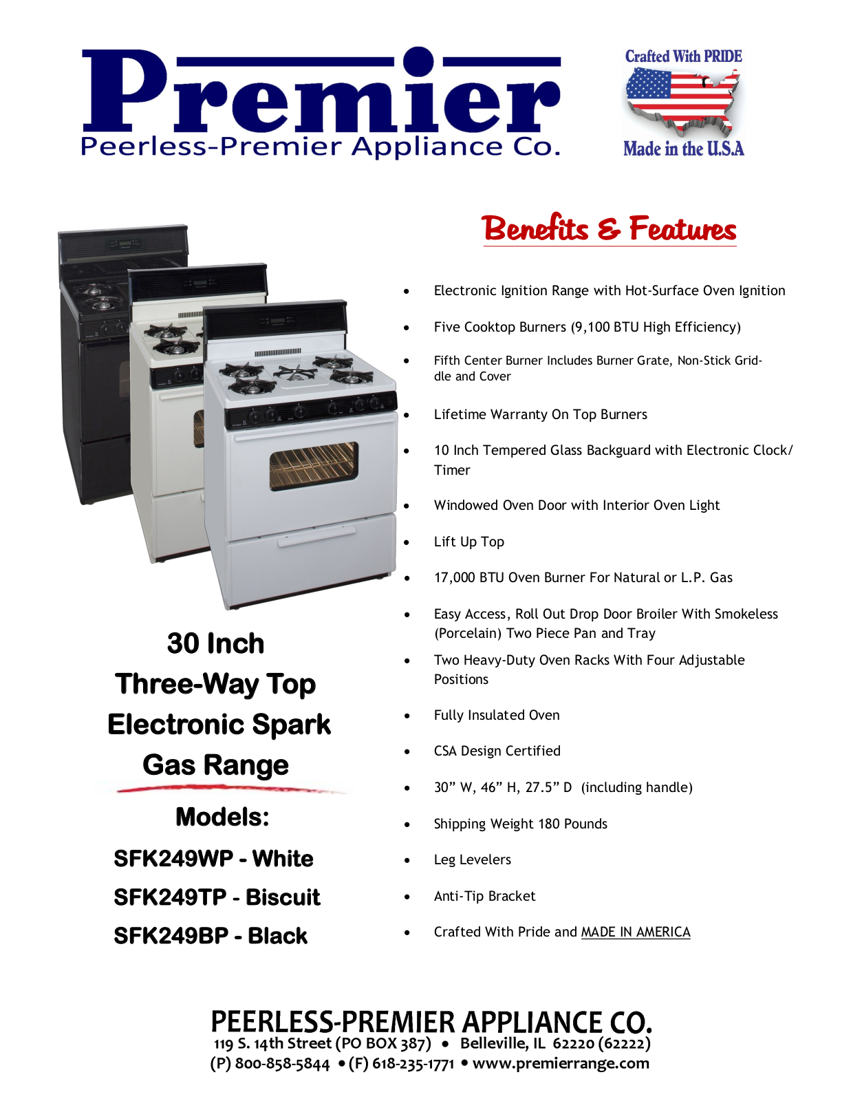 Premier SFK249WP, SFK249TP, SFK249BP Specifications - ManualMachine.com