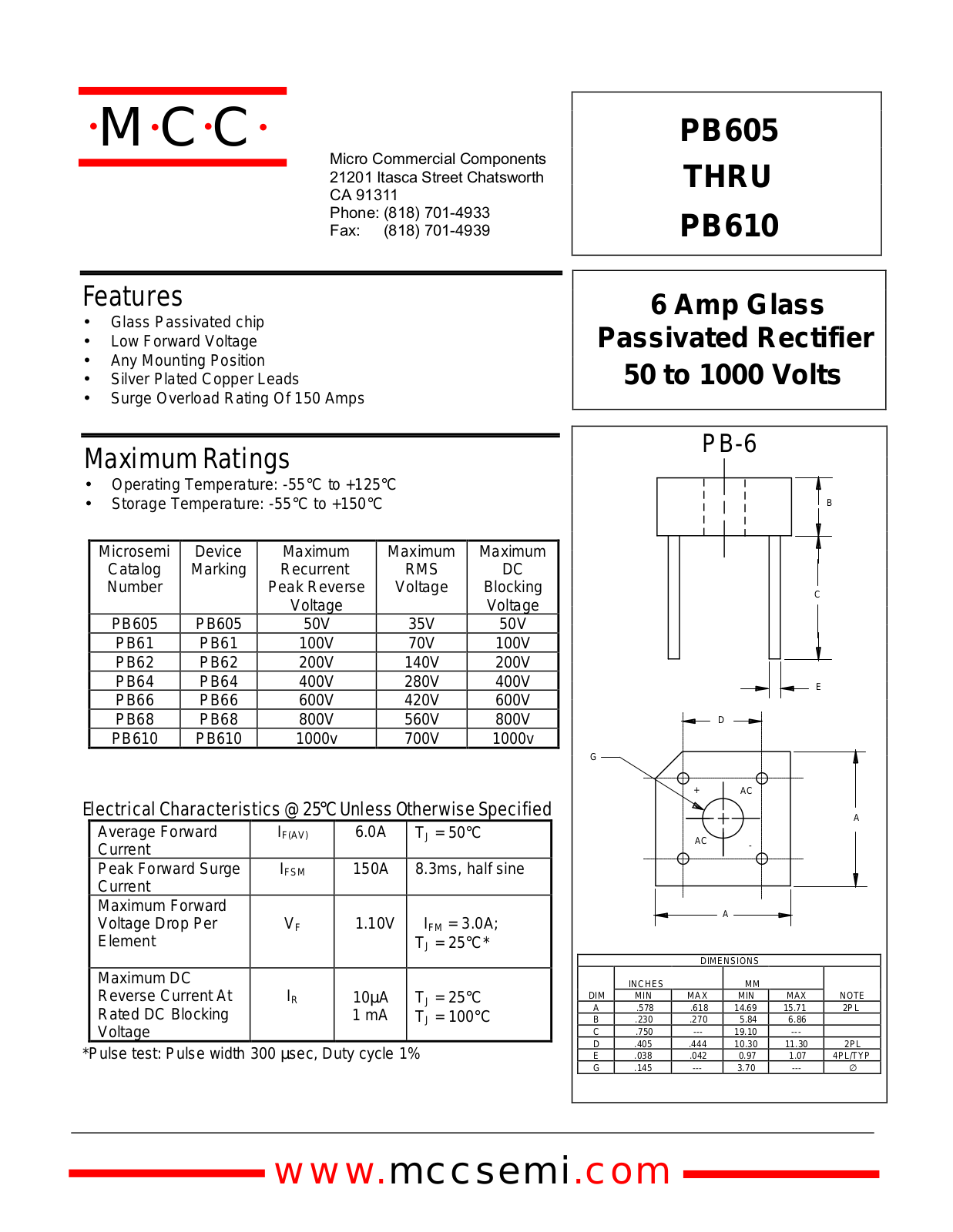 MCC PB605, PB61, PB610, PB62, PB64 Datasheet