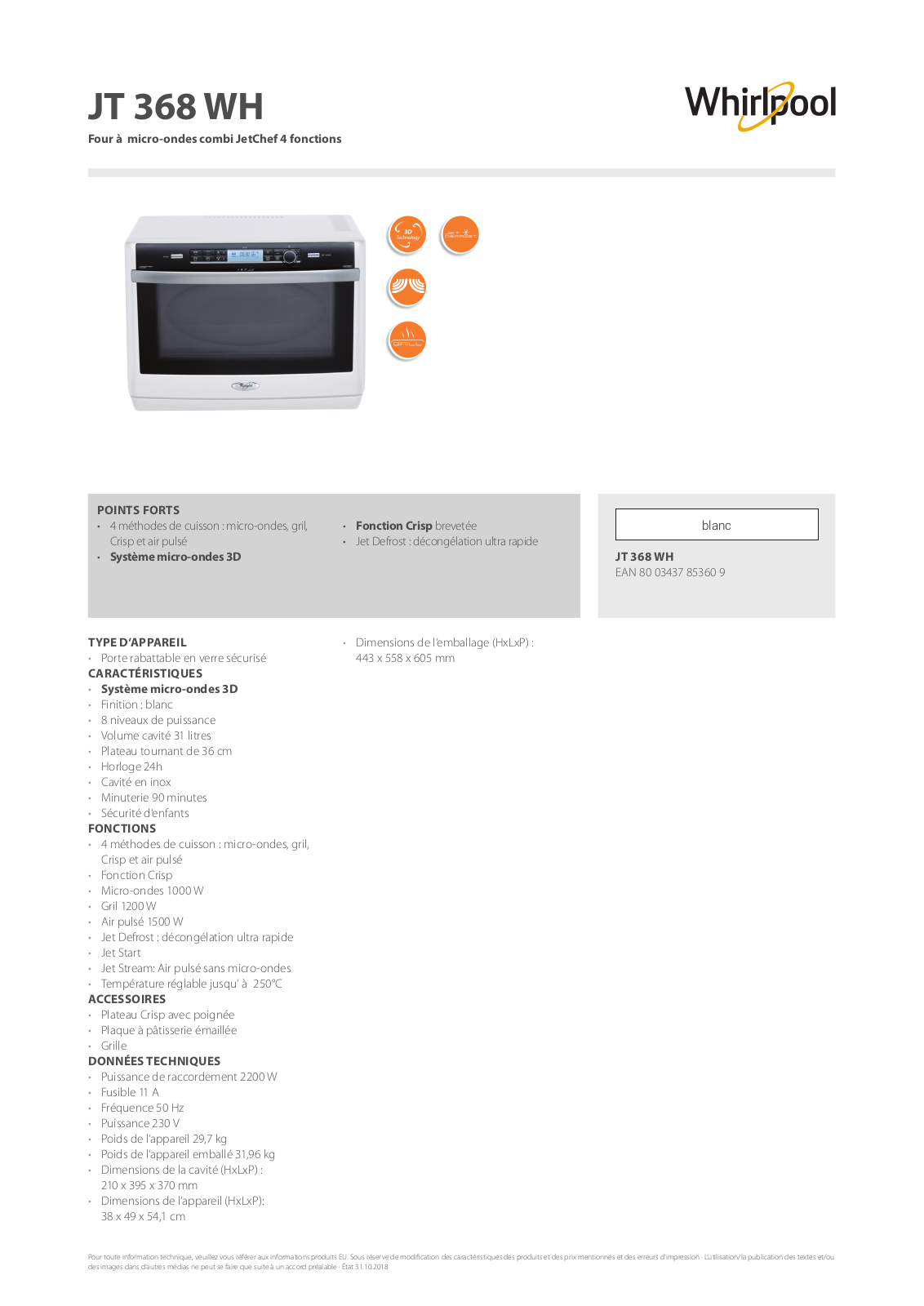 Whirlpool JT 368 WH Product information