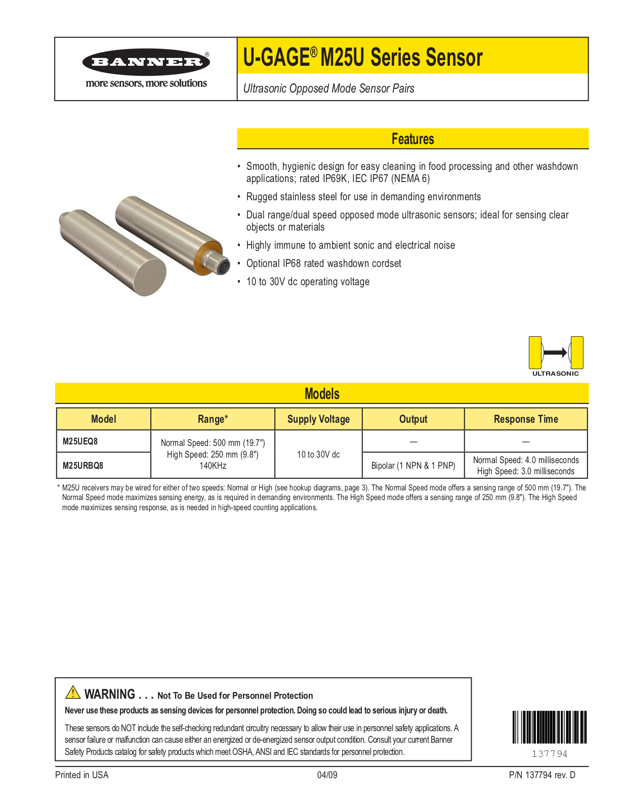 Banner M25U Ultrasonic Sensors User Manual