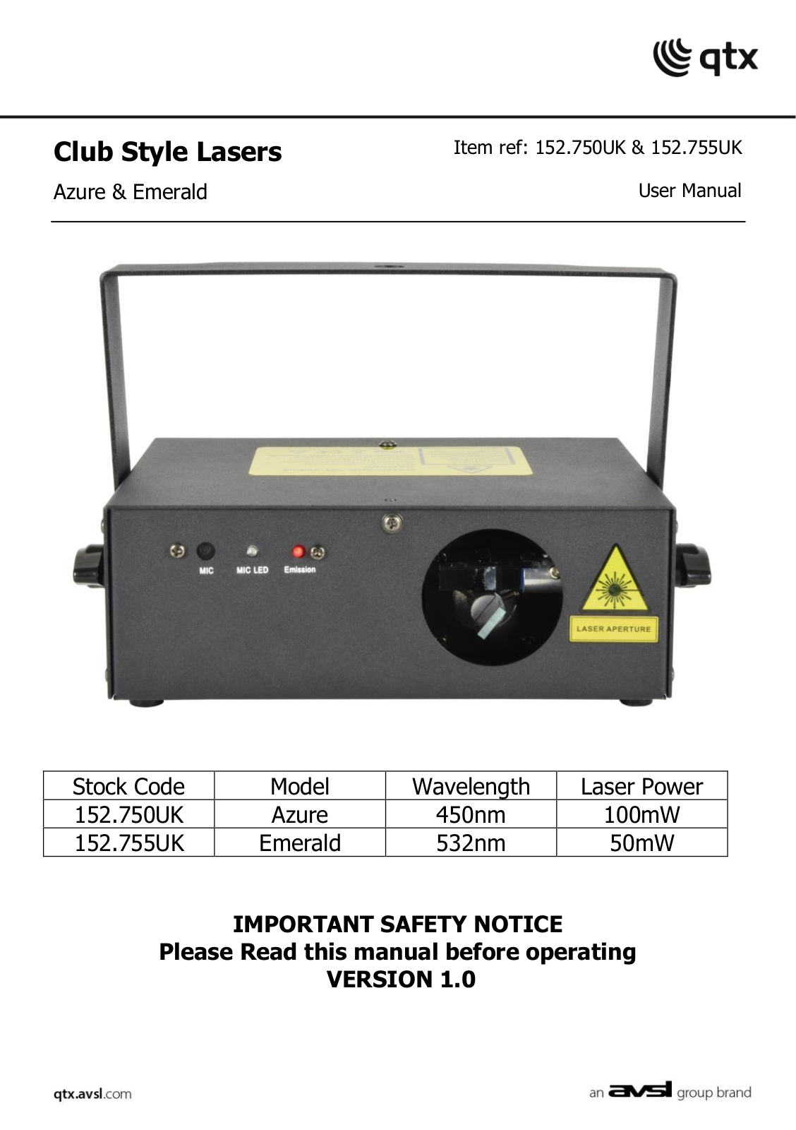 Qtx Azure, 152.750UK, Emerald, 152.755UK User Manual