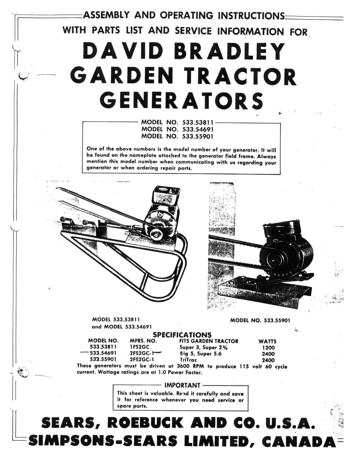 David Bradley 533.53811, 533.54691, 533.5901 Operating Instruction