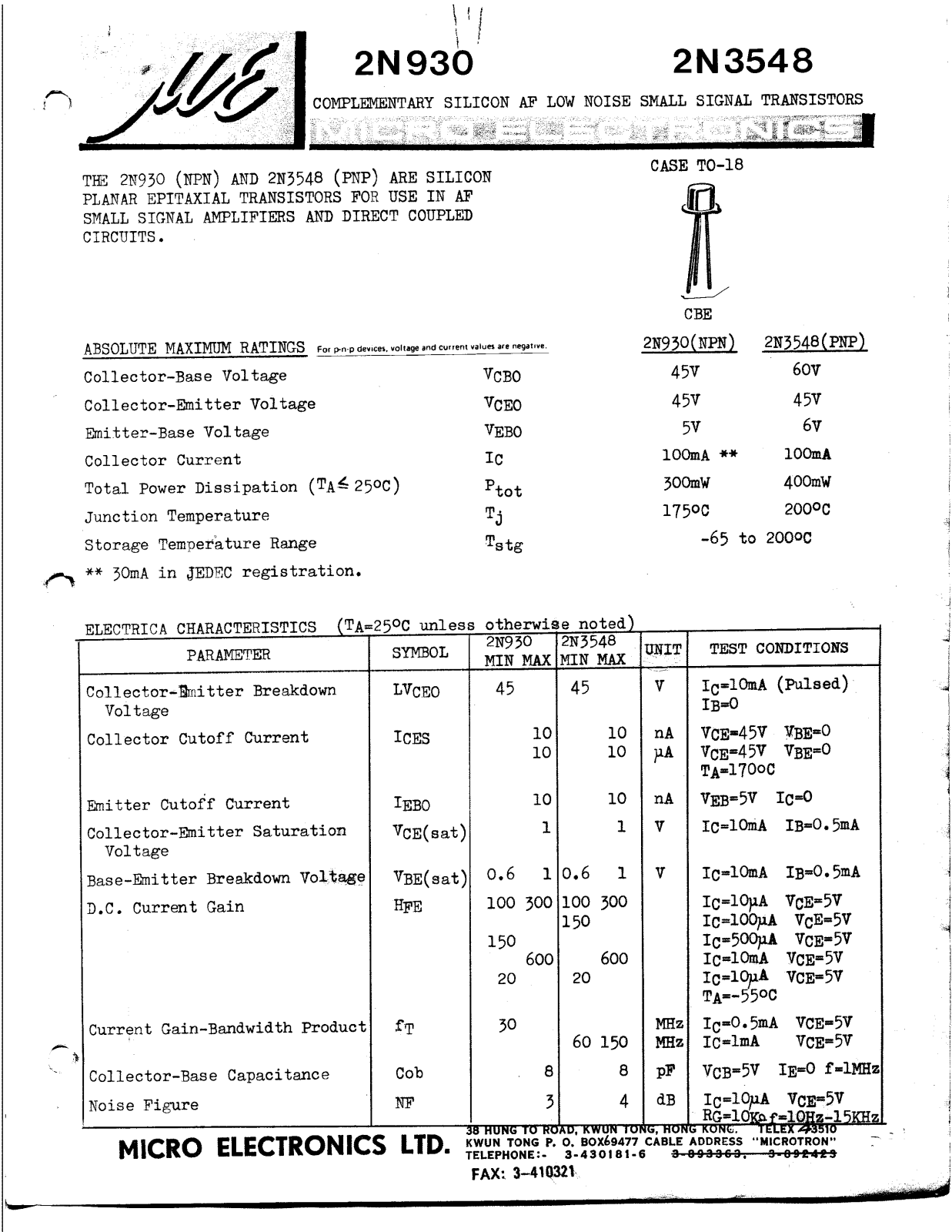 ME 2N930, 2N3548 Datasheet