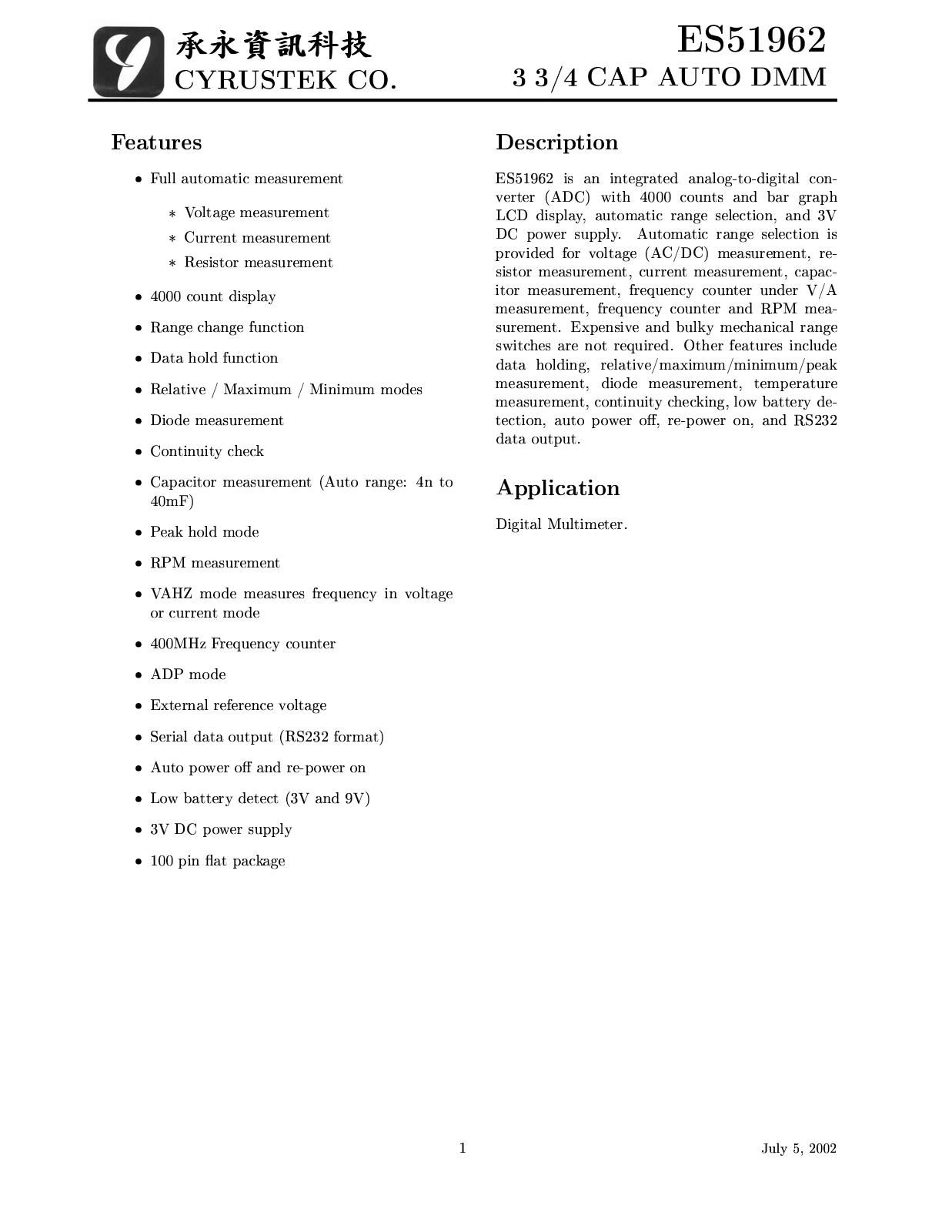 CYRTK ES51962 Datasheet