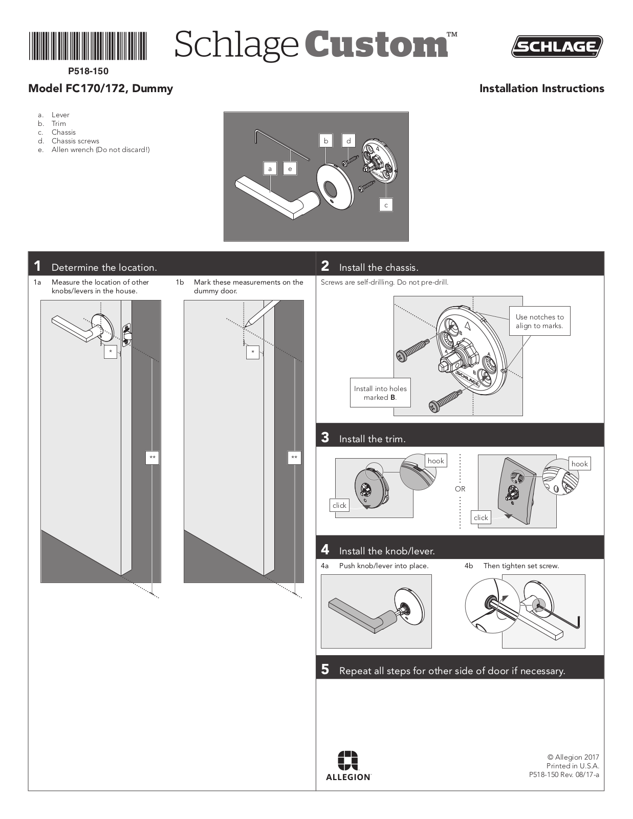 Schlage FC170, FC172 Installation Manual