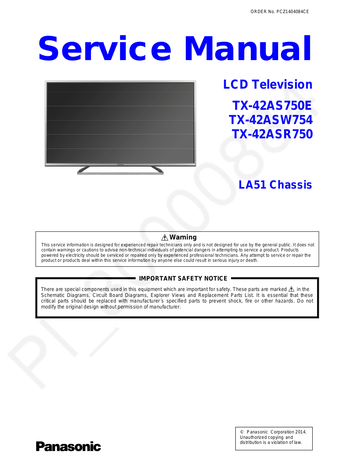 Panasonic TX-42AS750E, TX-42ASW754, TX-42ASR750 Service Manual