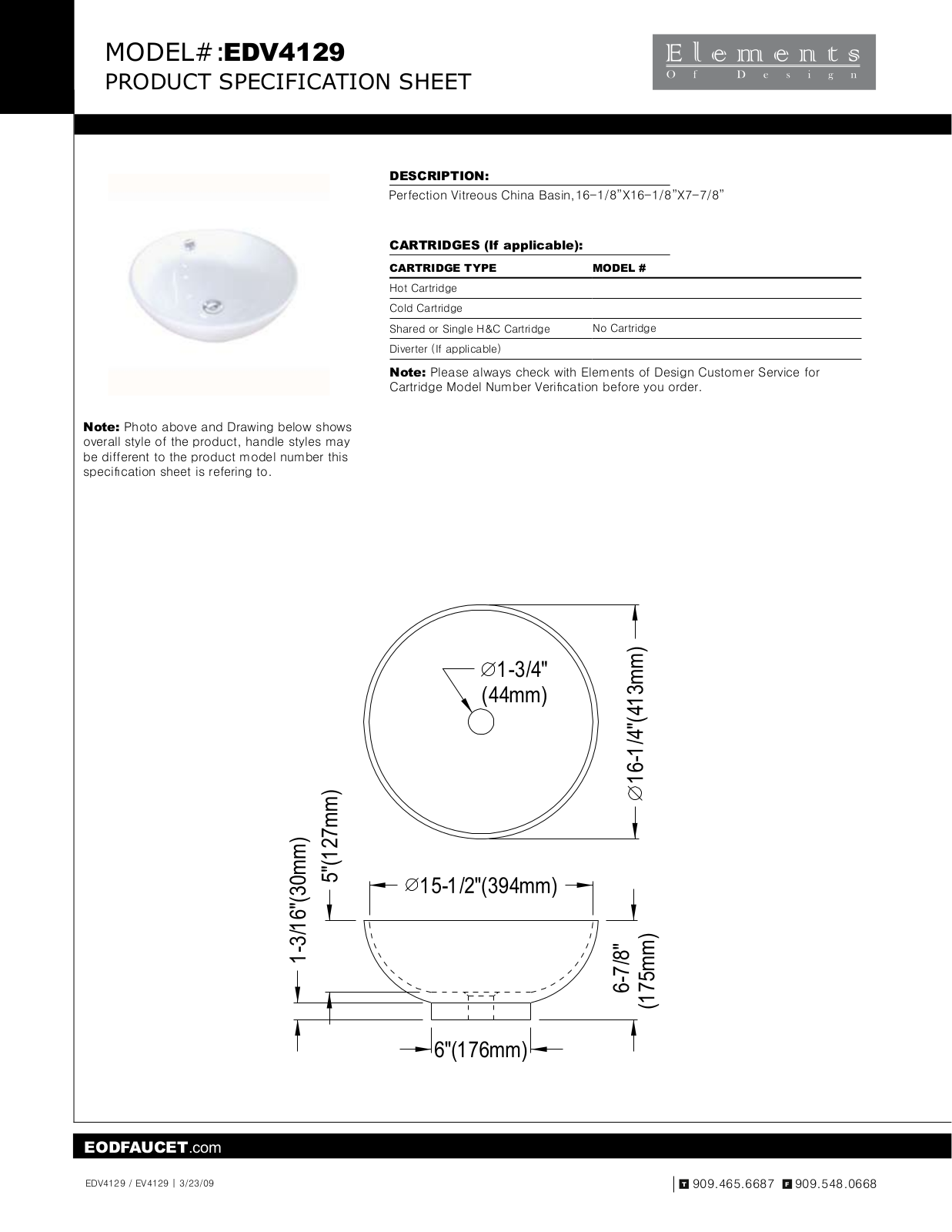 Elements of Design EDE1793 Specification Sheet - ManualMachine.com