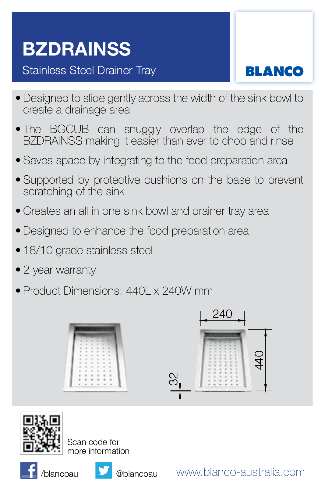 Blanco BZDRAINSS Specifications Sheet