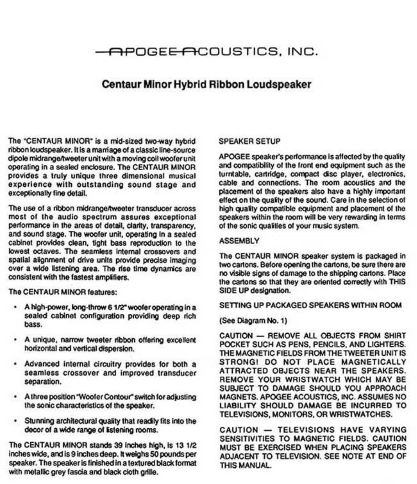 Apogee Centaur Minor Owners manual
