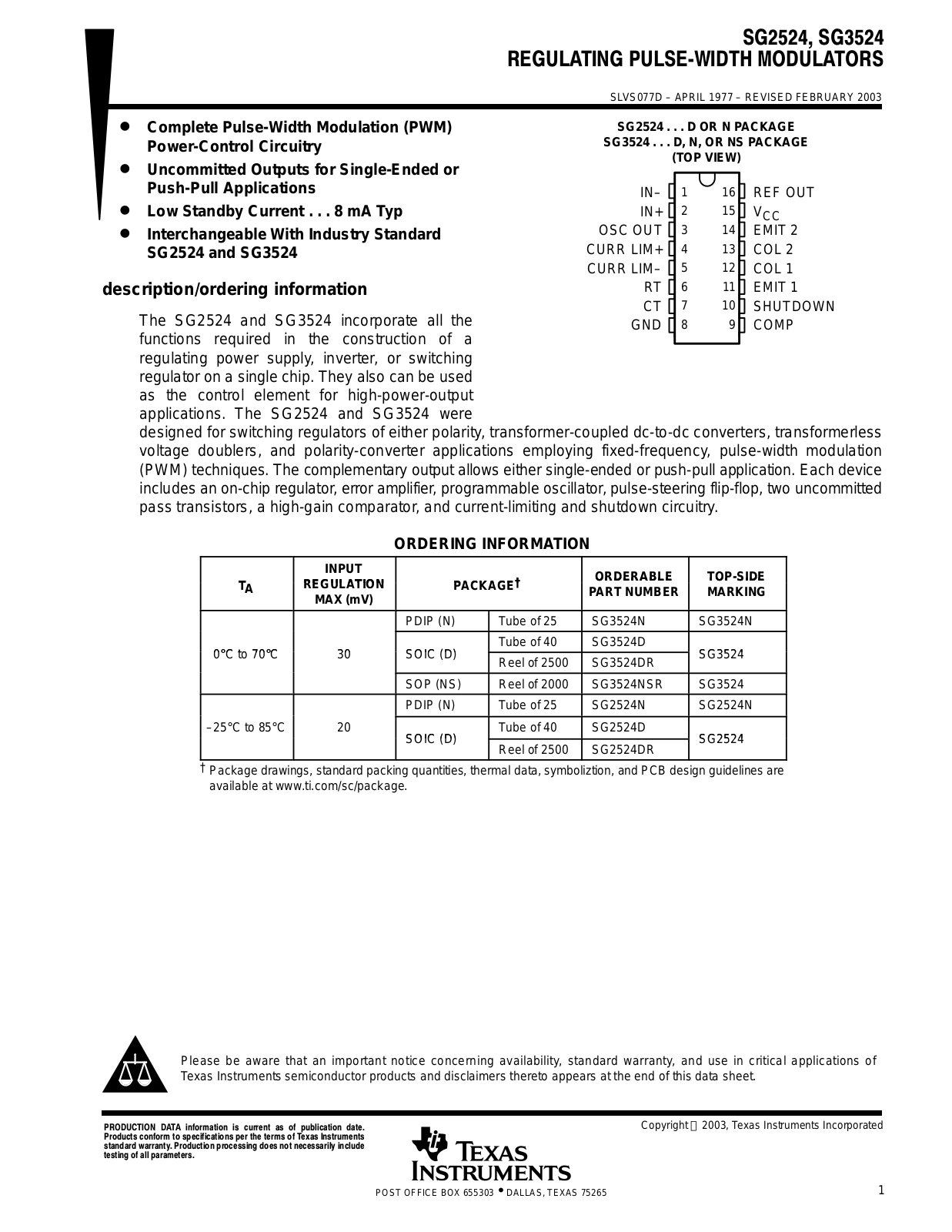 TEXAS INSTRUMENTS SG2524 Technical data