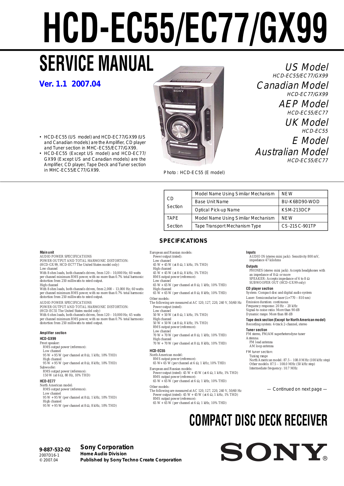 SONY HCD-EC55, HCD-EC77, HCD-GX99 Service Manual