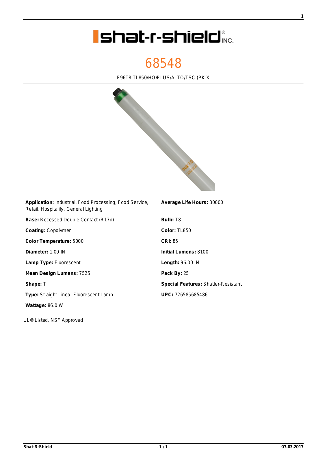 Shat-R-Shield 68548 Data sheet